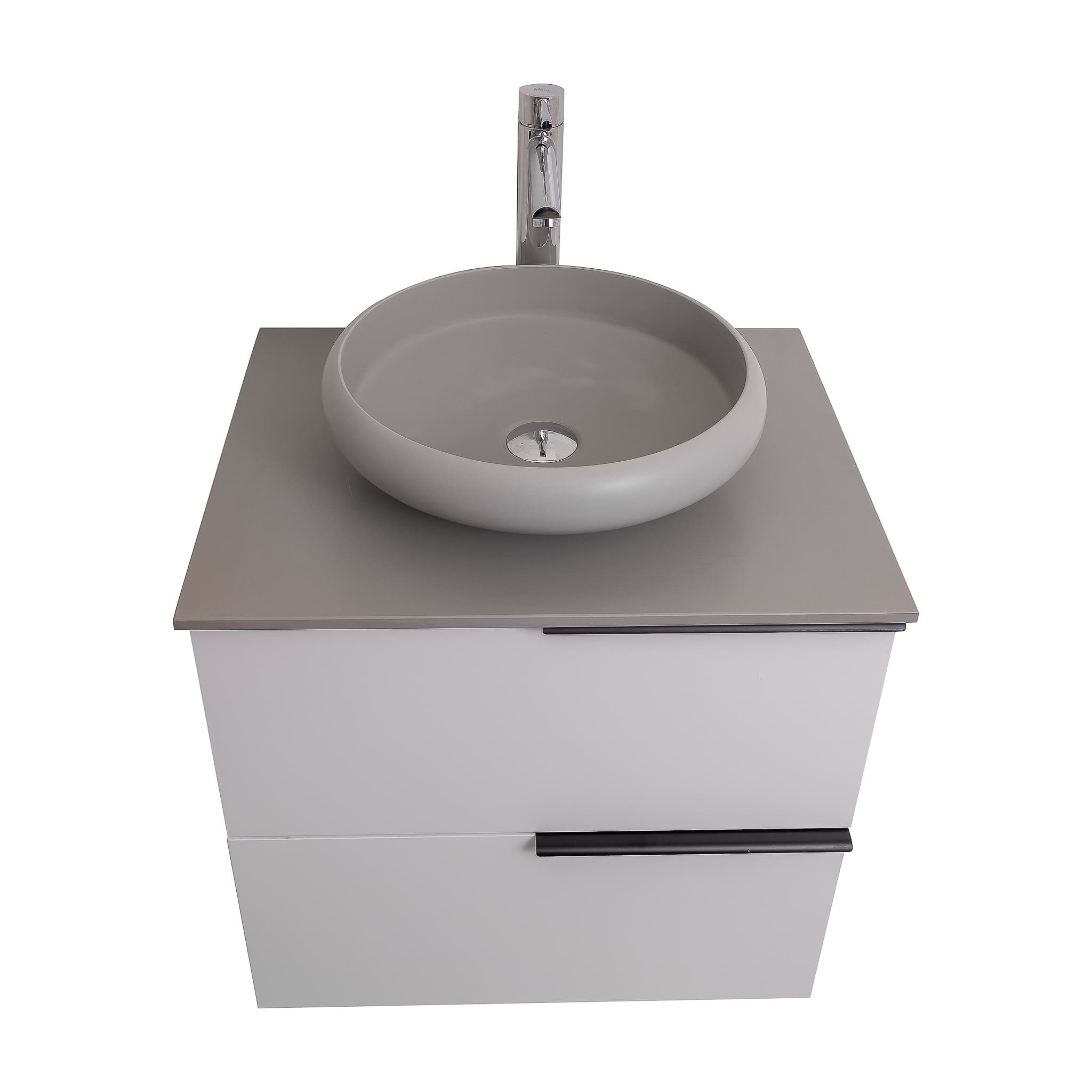 Mallorca 23.5 Matte White Cabinet, Solid Surface Flat Grey Counter And Round Solid Surface Grey Basin 1153, Wall Mounted Modern Vanity Set