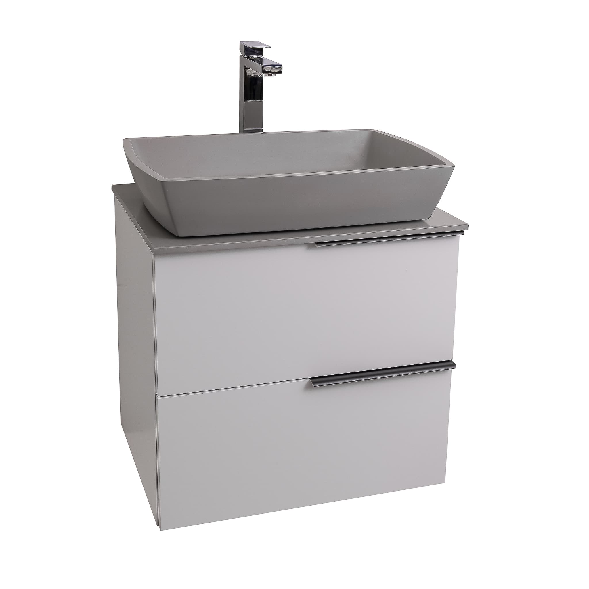 Mallorca 23.5 Matte White Cabinet, Solid Surface Flat Grey Counter And Square Solid Surface Grey Basin 1316, Wall Mounted Modern Vanity Set