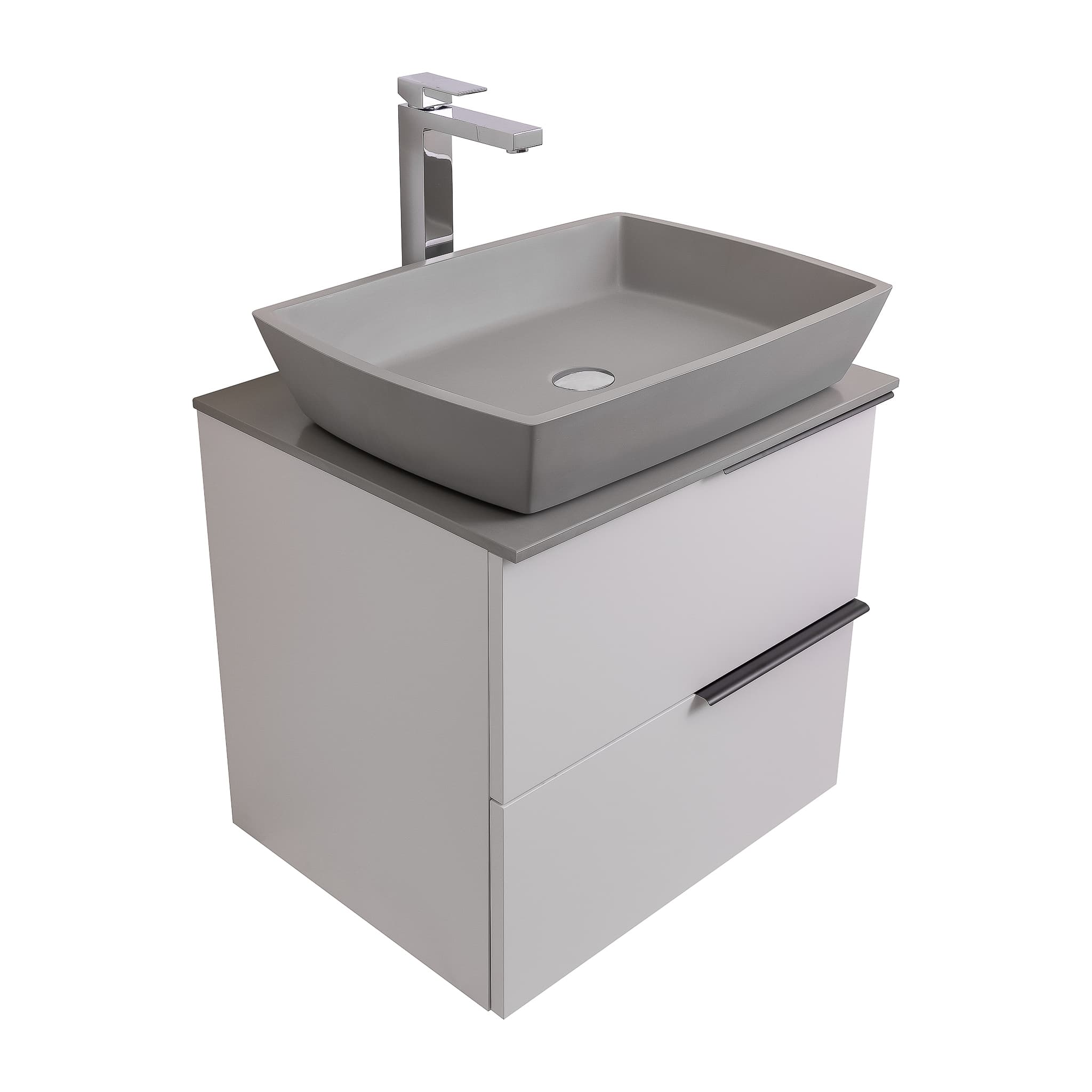 Mallorca 23.5 Matte White Cabinet, Solid Surface Flat Grey Counter And Square Solid Surface Grey Basin 1316, Wall Mounted Modern Vanity Set
