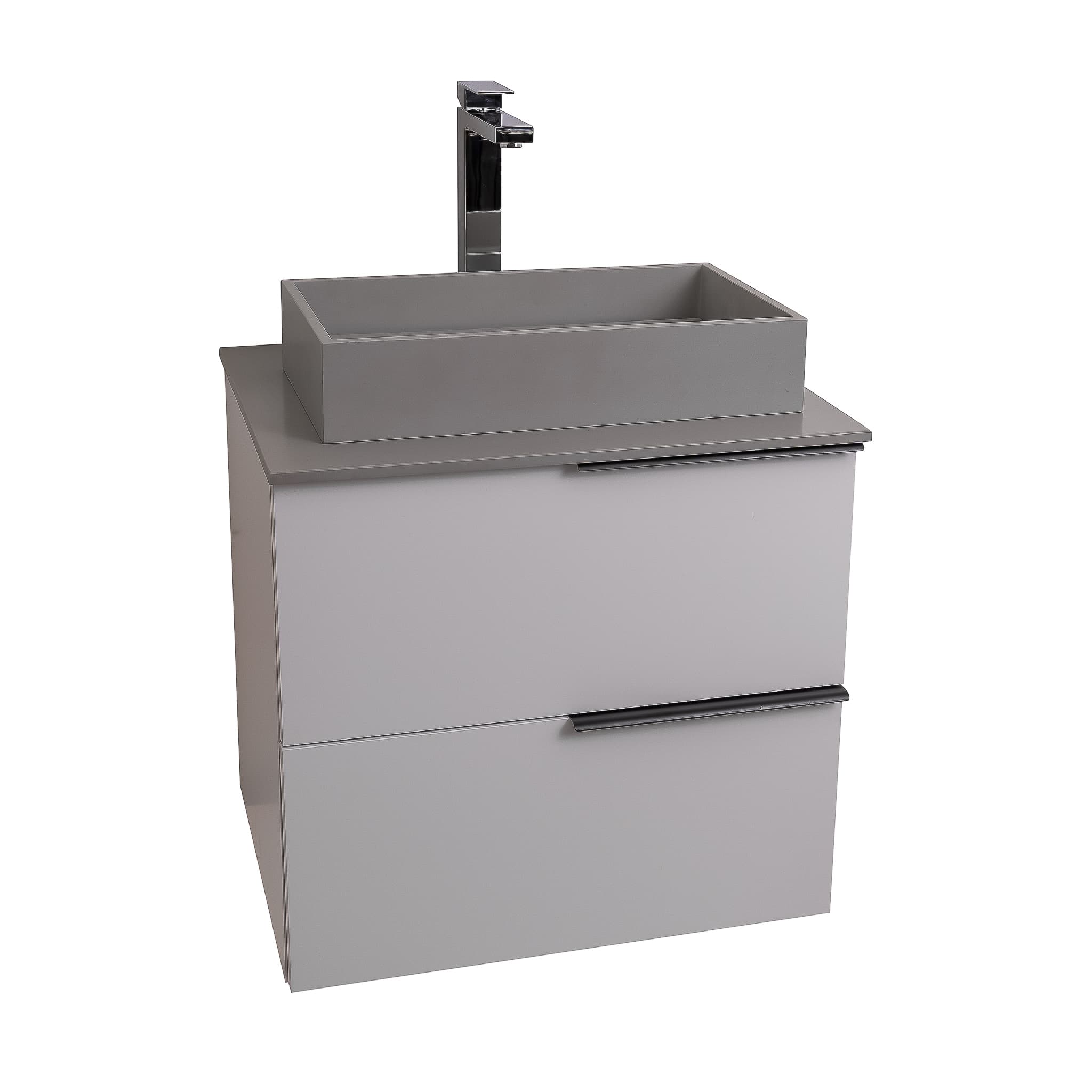 Mallorca 23.5 Matte White Cabinet, Solid Surface Flat Grey Counter And Infinity Square Solid Surface Grey Basin 1329, Wall Mounted Modern Vanity Set