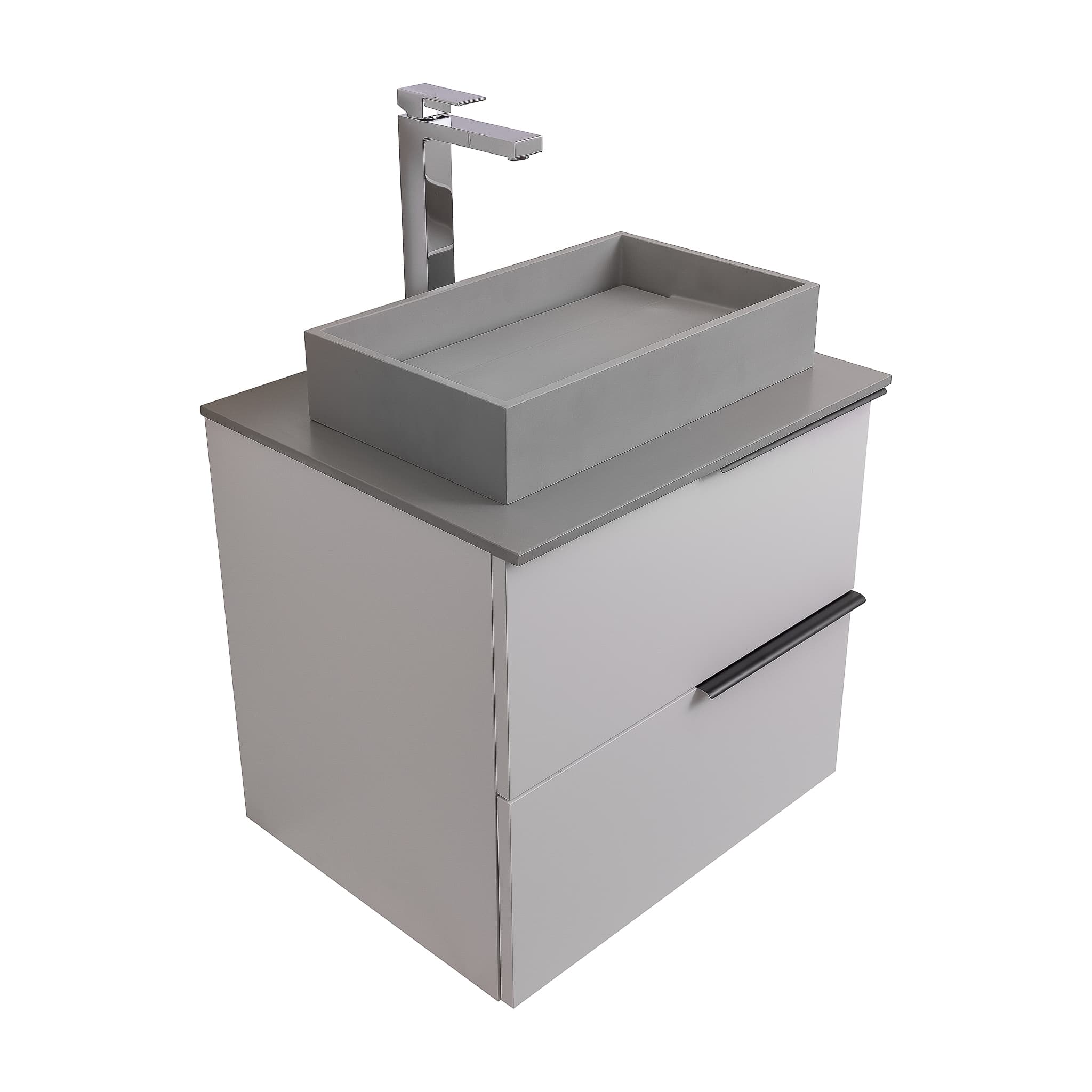 Mallorca 23.5 Matte White Cabinet, Solid Surface Flat Grey Counter And Infinity Square Solid Surface Grey Basin 1329, Wall Mounted Modern Vanity Set