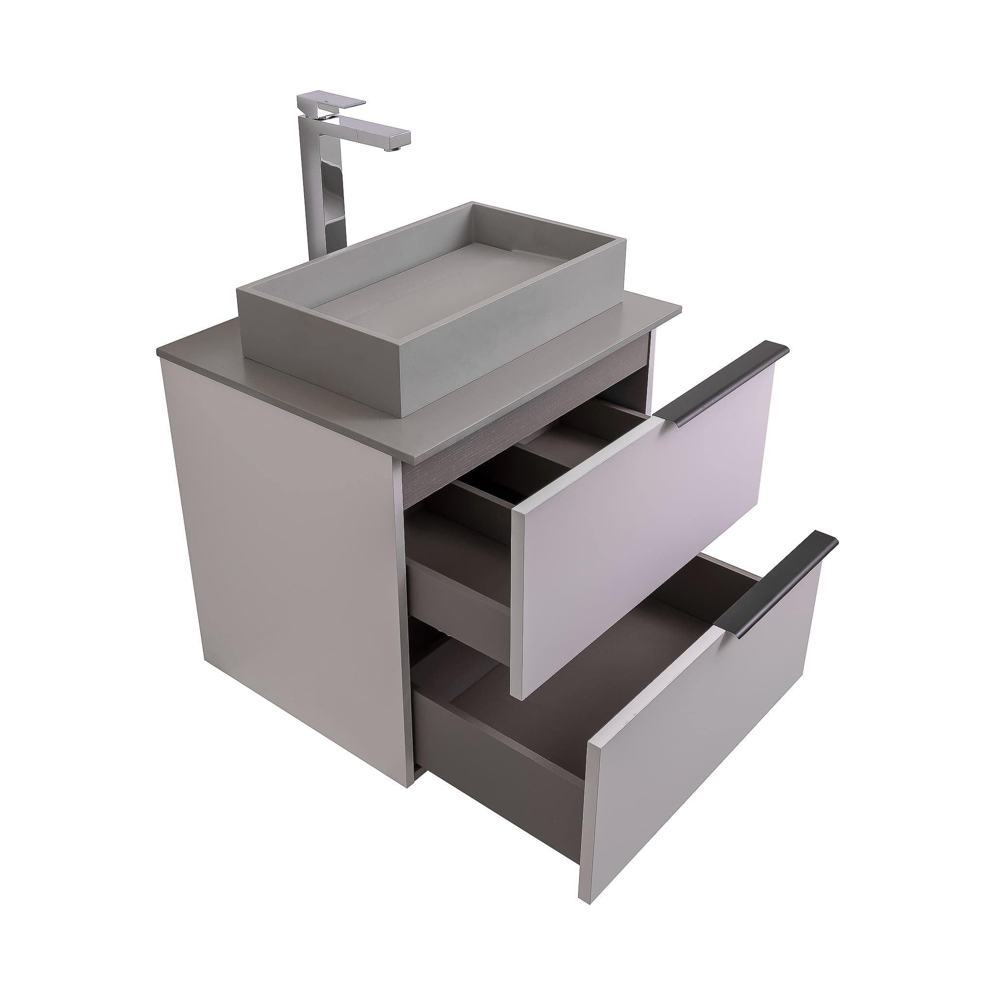 Mallorca 23.5 Matte White Cabinet, Solid Surface Flat Grey Counter And Infinity Square Solid Surface Grey Basin 1329, Wall Mounted Modern Vanity Set