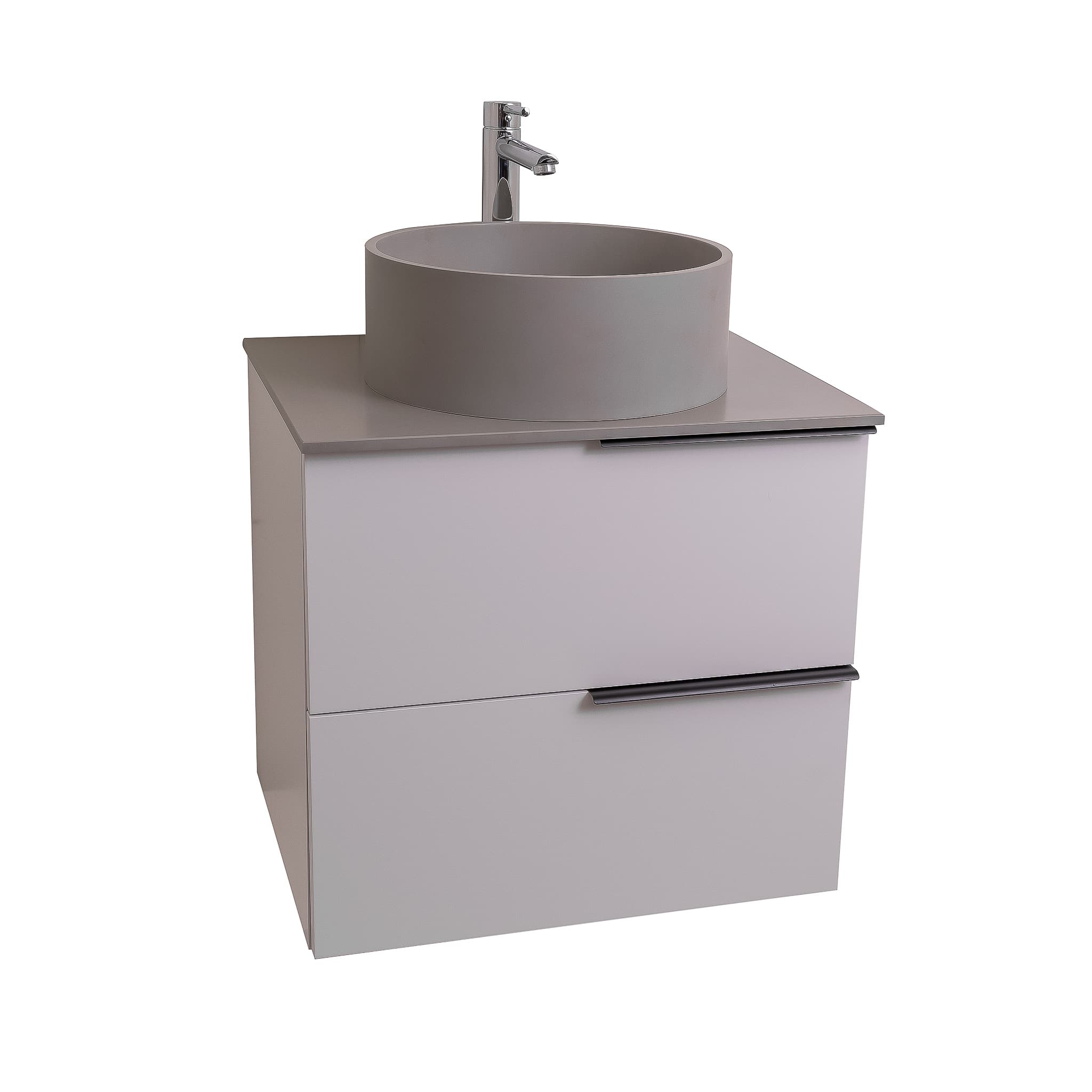 Mallorca 23.5 Matte White Cabinet, Solid Surface Flat Grey Counter And Round Solid Surface Grey Basin 1386, Wall Mounted Modern Vanity Set