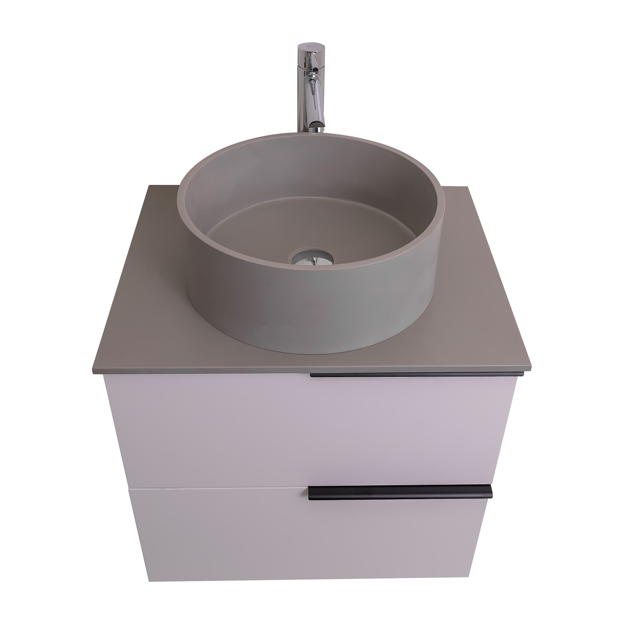Mallorca 23.5 Matte White Cabinet, Solid Surface Flat Grey Counter And Round Solid Surface Grey Basin 1386, Wall Mounted Modern Vanity Set
