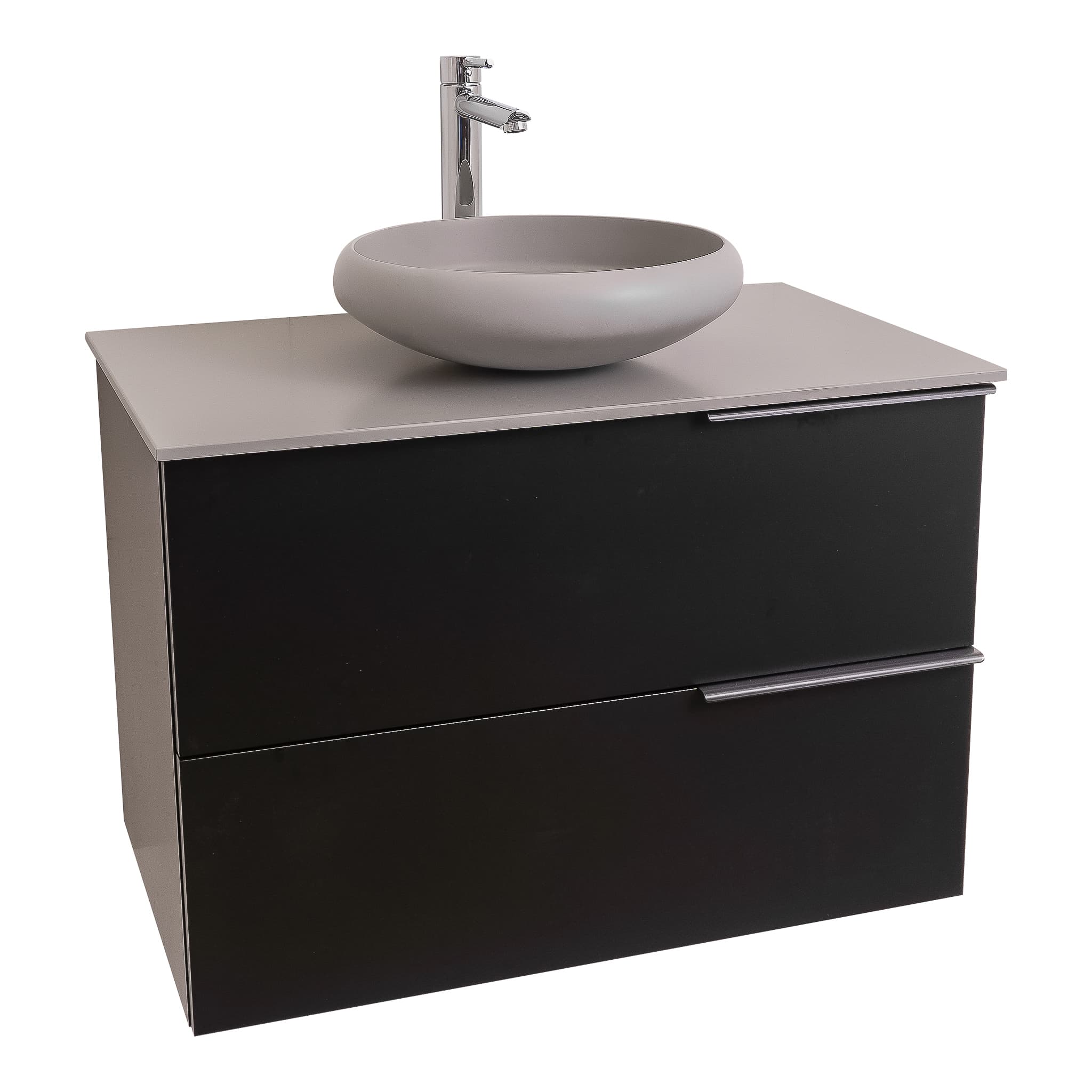 Mallorca 31.5 Matte Black Cabinet, Solid Surface Flat Grey Counter And Round Solid Surface Grey Basin 1153, Wall Mounted Modern Vanity Set