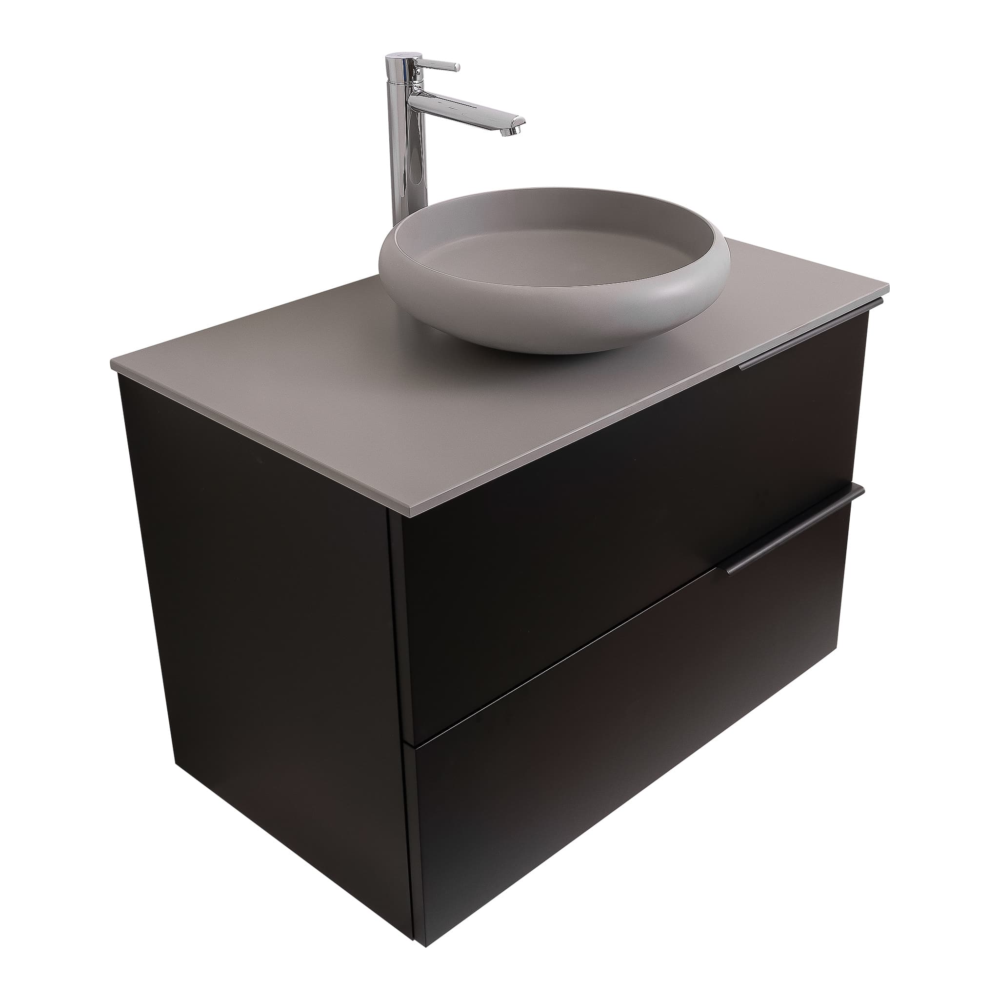 Mallorca 31.5 Matte Black Cabinet, Solid Surface Flat Grey Counter And Round Solid Surface Grey Basin 1153, Wall Mounted Modern Vanity Set