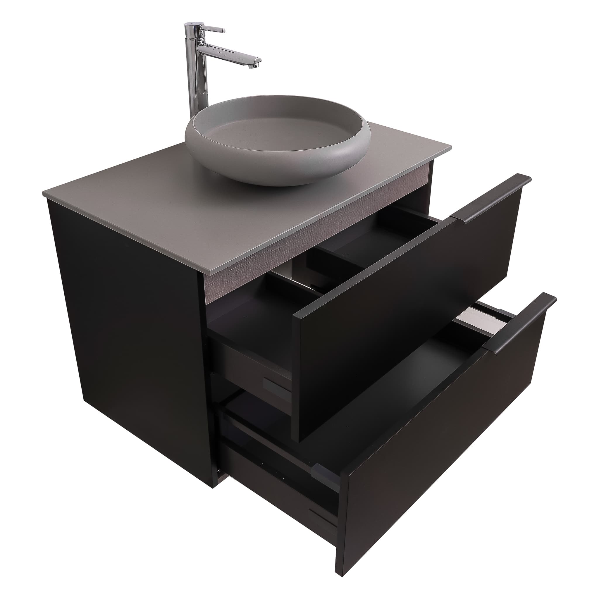 Mallorca 31.5 Matte Black Cabinet, Solid Surface Flat Grey Counter And Round Solid Surface Grey Basin 1153, Wall Mounted Modern Vanity Set