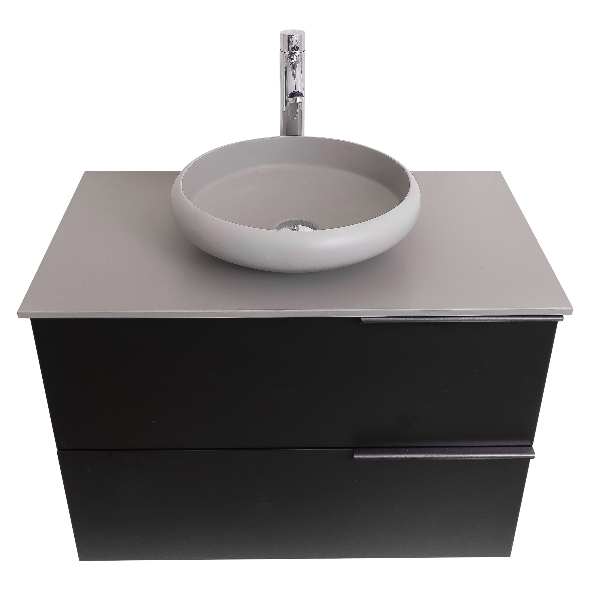 Mallorca 31.5 Matte Black Cabinet, Solid Surface Flat Grey Counter And Round Solid Surface Grey Basin 1153, Wall Mounted Modern Vanity Set