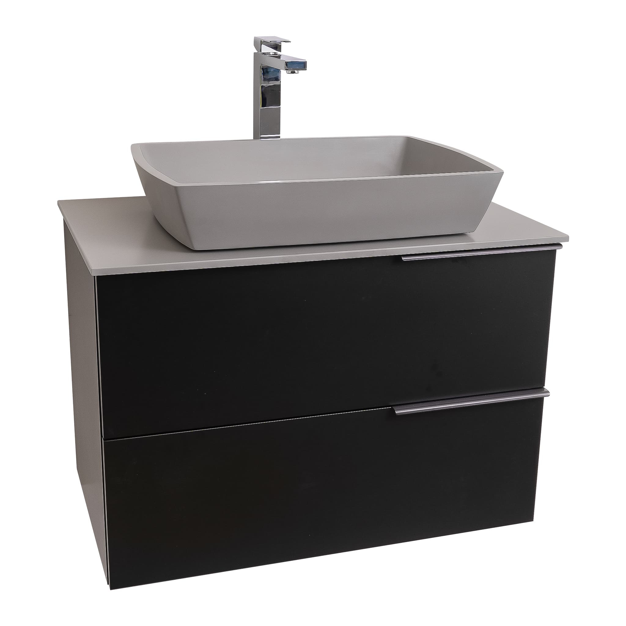 Mallorca 31.5 Matte Black Cabinet, Solid Surface Flat Grey Counter And Square Solid Surface Grey Basin 1316, Wall Mounted Modern Vanity Set