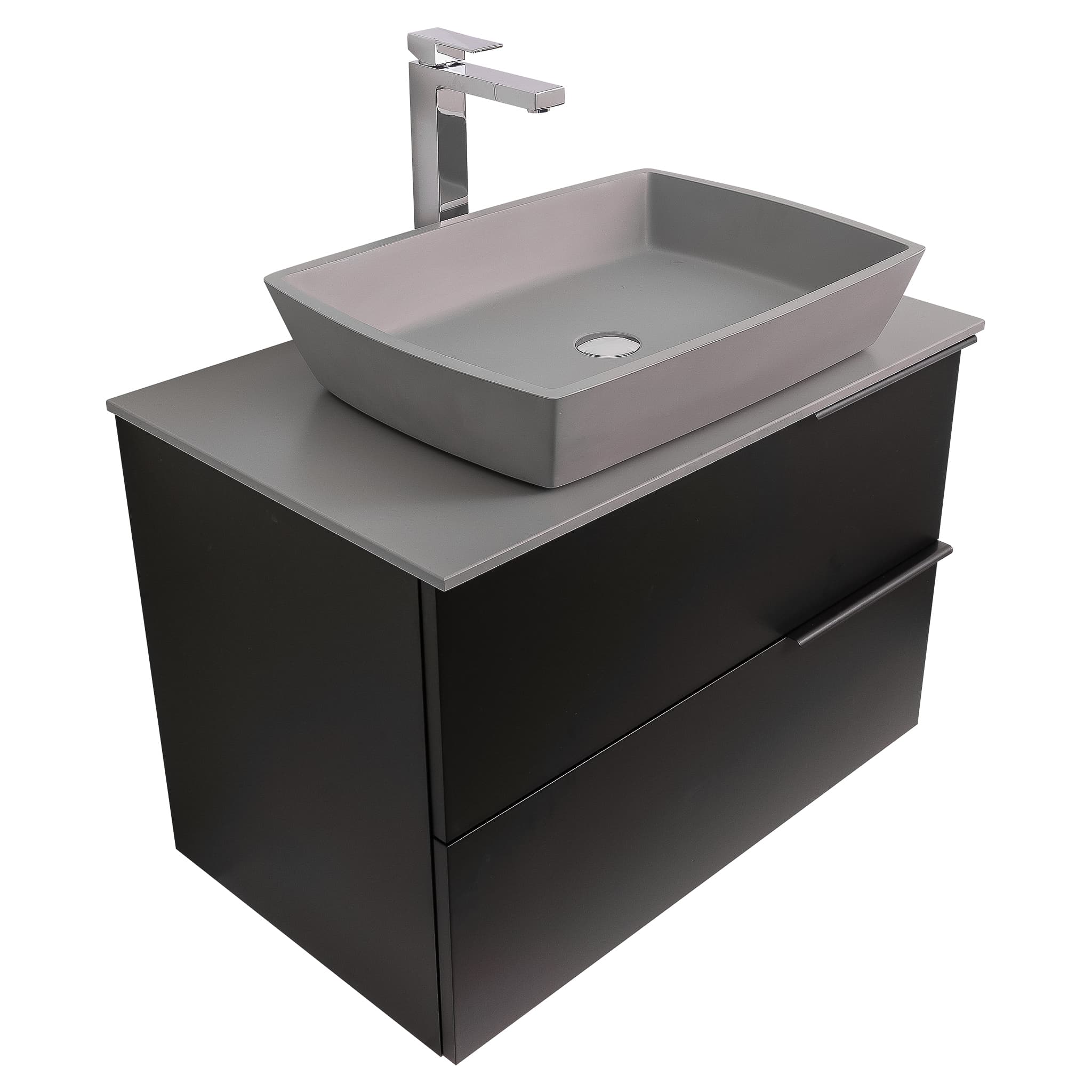 Mallorca 31.5 Matte Black Cabinet, Solid Surface Flat Grey Counter And Square Solid Surface Grey Basin 1316, Wall Mounted Modern Vanity Set