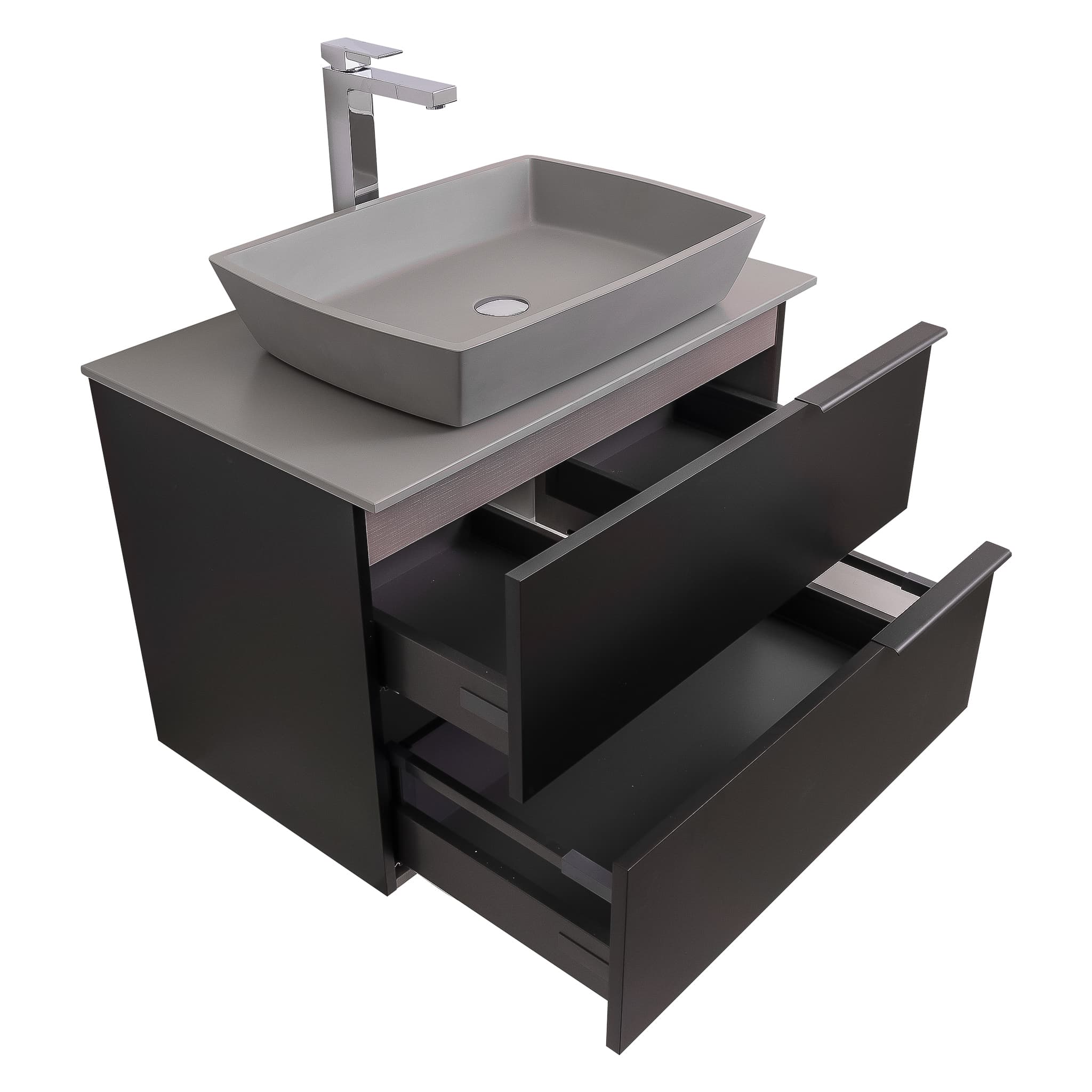 Mallorca 31.5 Matte Black Cabinet, Solid Surface Flat Grey Counter And Square Solid Surface Grey Basin 1316, Wall Mounted Modern Vanity Set