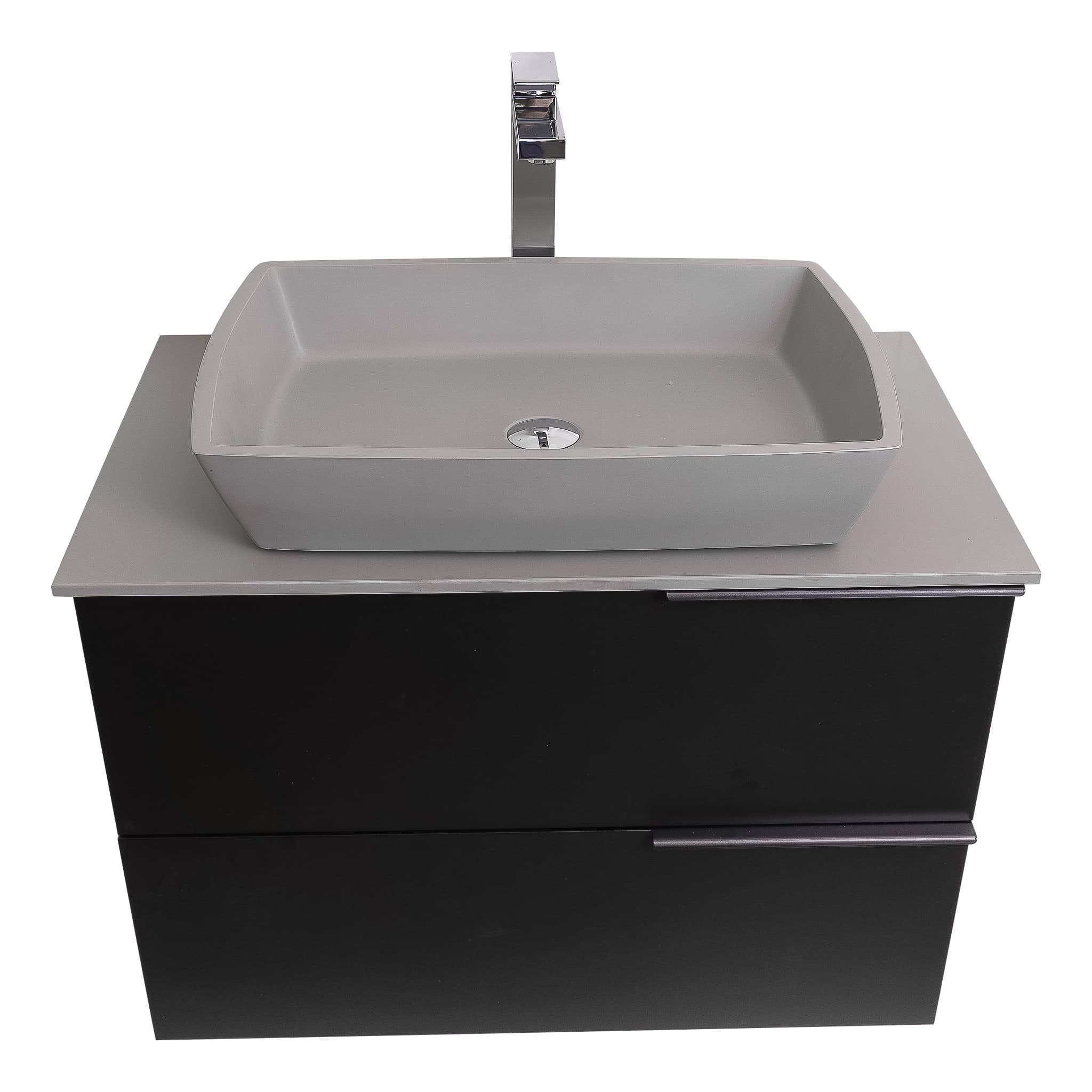 Mallorca 31.5 Matte Black Cabinet, Solid Surface Flat Grey Counter And Square Solid Surface Grey Basin 1316, Wall Mounted Modern Vanity Set