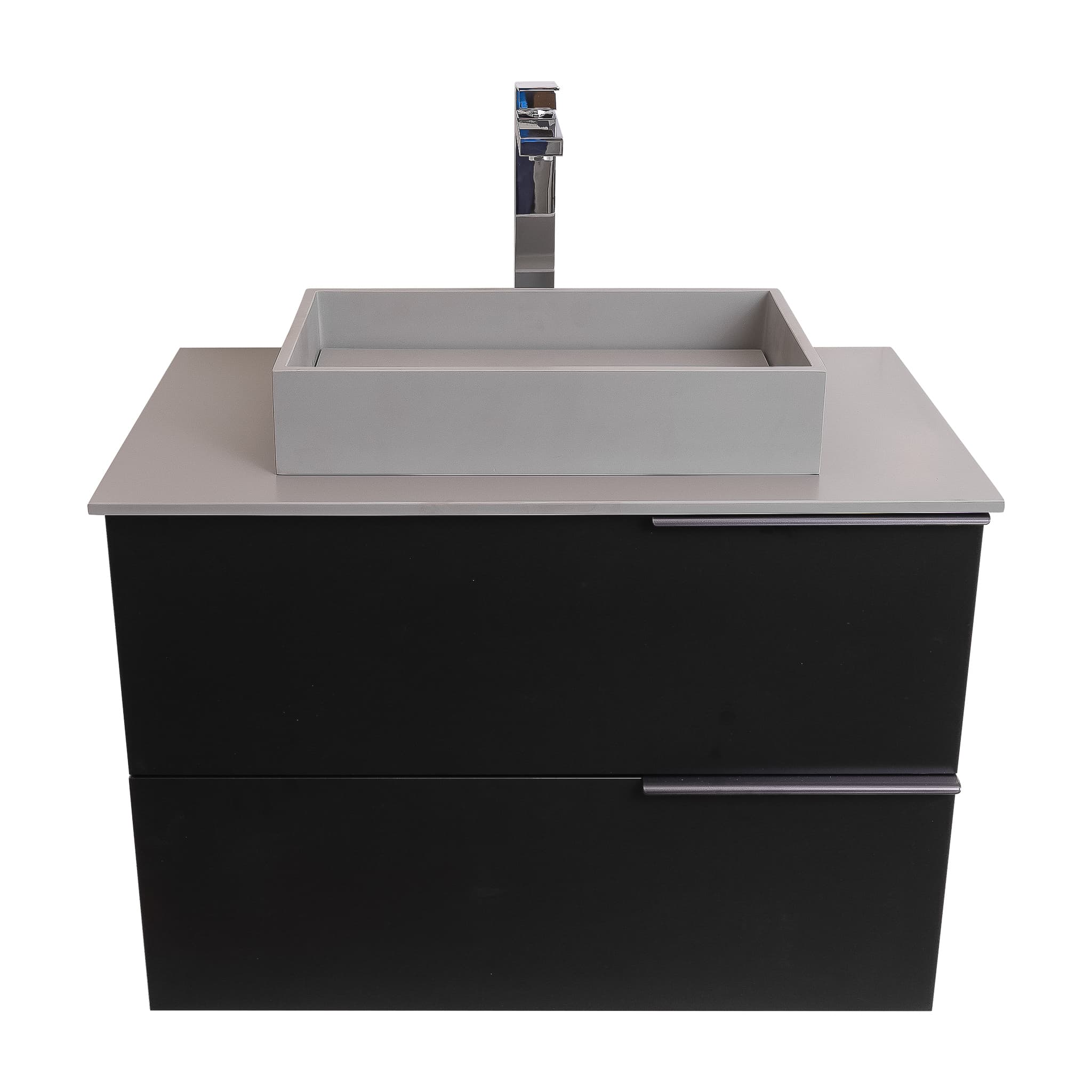 Mallorca 31.5 Matte Black Cabinet, Solid Surface Flat Grey Counter And Infinity Square Solid Surface Grey Basin 1329, Wall Mounted Modern Vanity Set