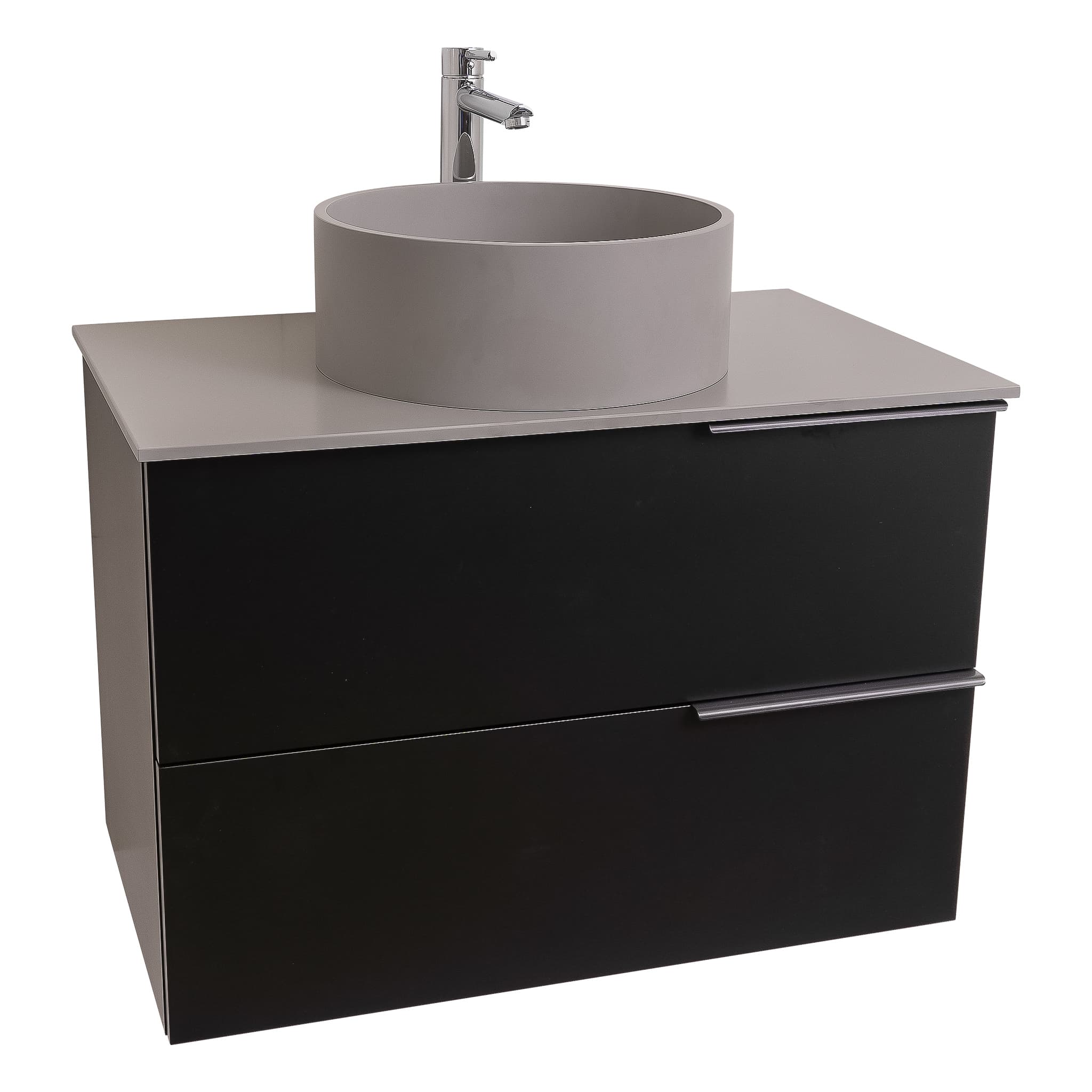 Mallorca 31.5 Matte Black Cabinet, Solid Surface Flat Grey Counter And Round Solid Surface Grey Basin 1386, Wall Mounted Modern Vanity Set Bath Trends USA