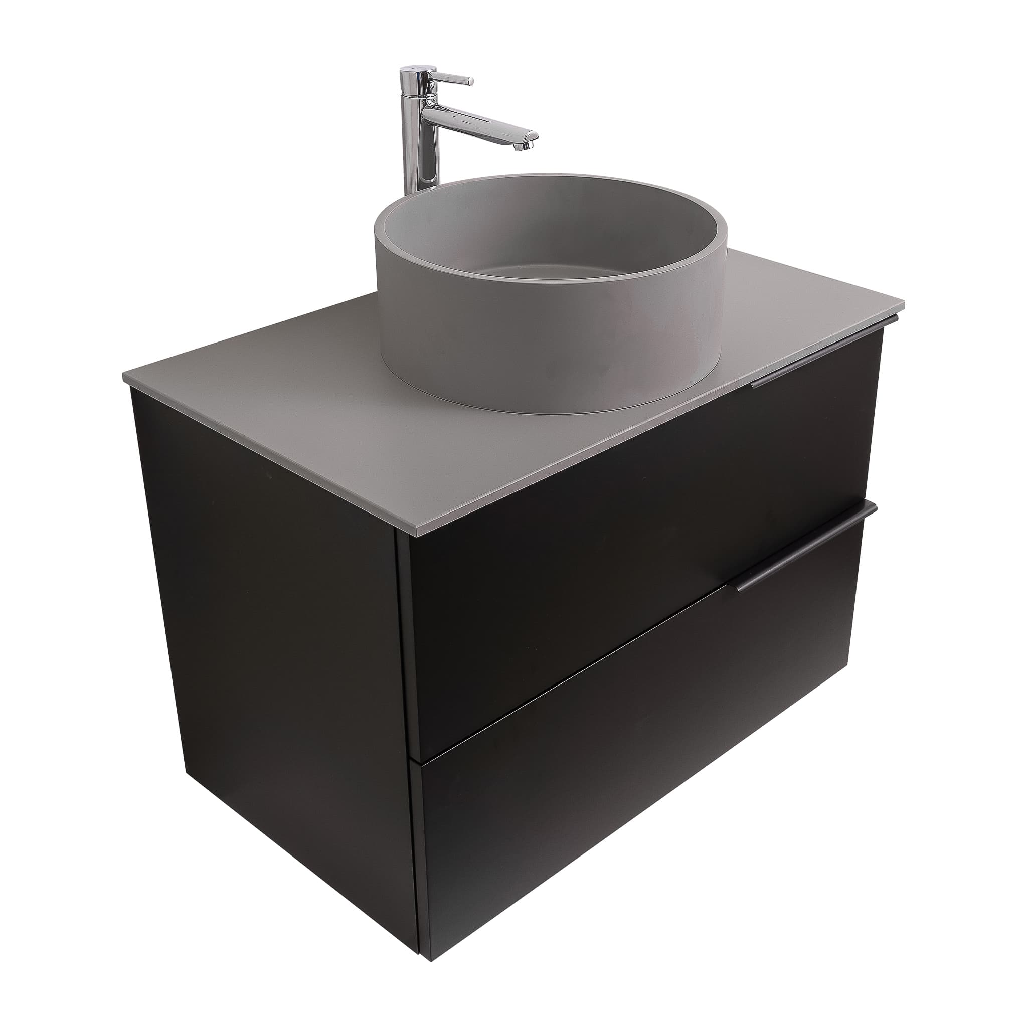 Mallorca 31.5 Matte Black Cabinet, Solid Surface Flat Grey Counter And Round Solid Surface Grey Basin 1386, Wall Mounted Modern Vanity Set Bath Trends USA