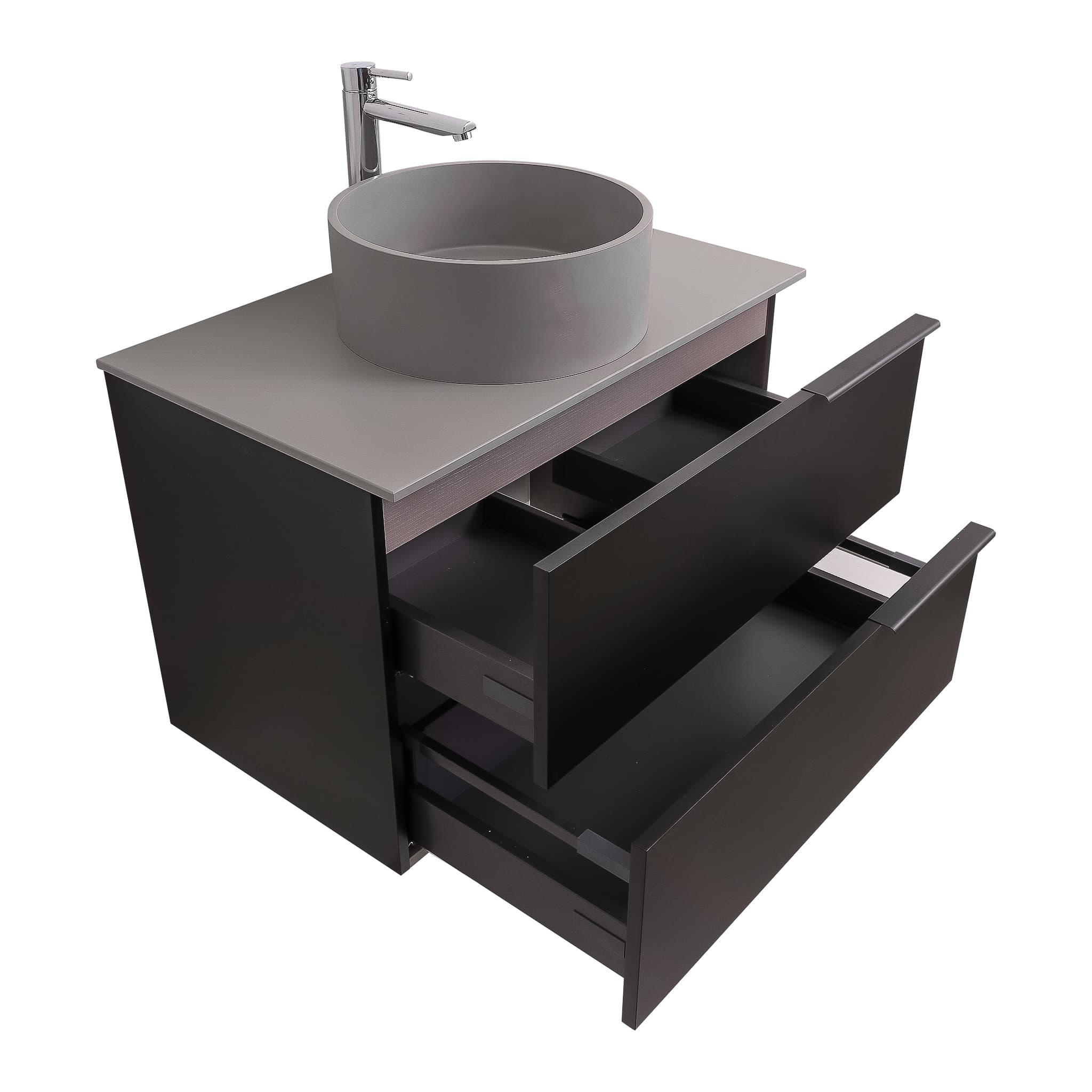 Mallorca 31.5 Matte Black Cabinet, Solid Surface Flat Grey Counter And Round Solid Surface Grey Basin 1386, Wall Mounted Modern Vanity Set