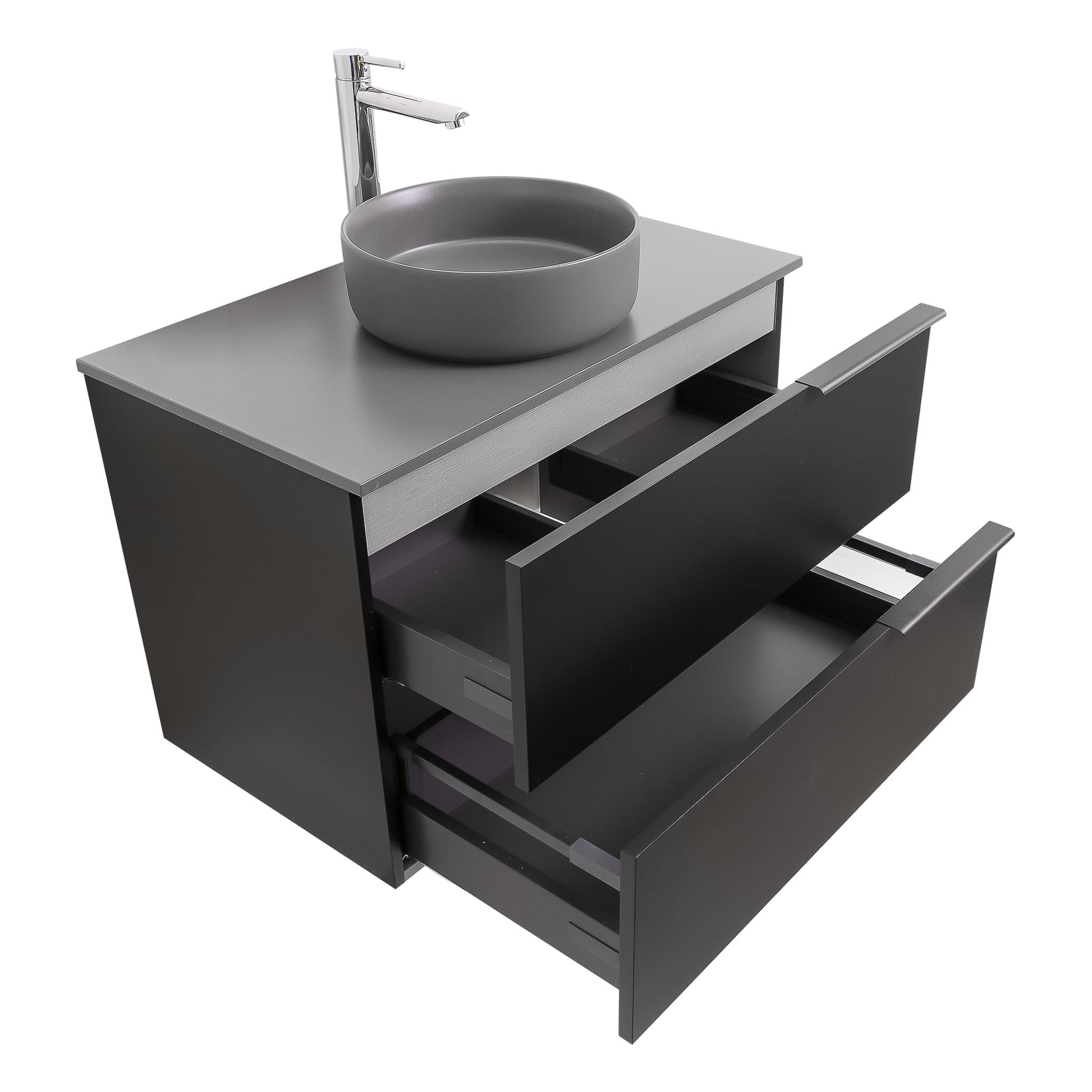 Mallorca 31.5 Matte Black Cabinet, Ares Grey Ceniza Top And Ares Grey Ceniza Ceramic Basin, Wall Mounted Modern Vanity Set