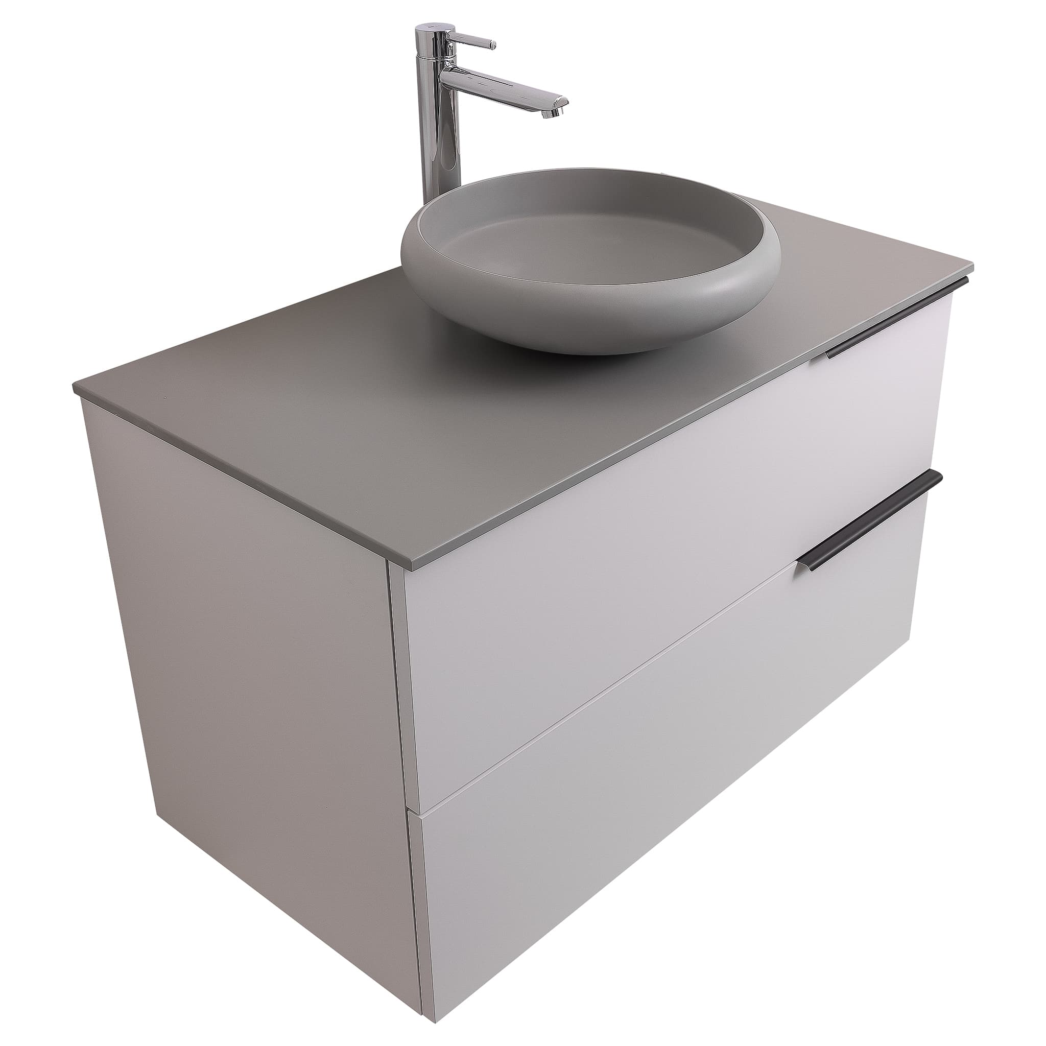 Mallorca 31.5 Matte White Cabinet, Solid Surface Flat Grey Counter And Round Solid Surface Grey Basin 1153, Wall Mounted Modern Vanity Set
