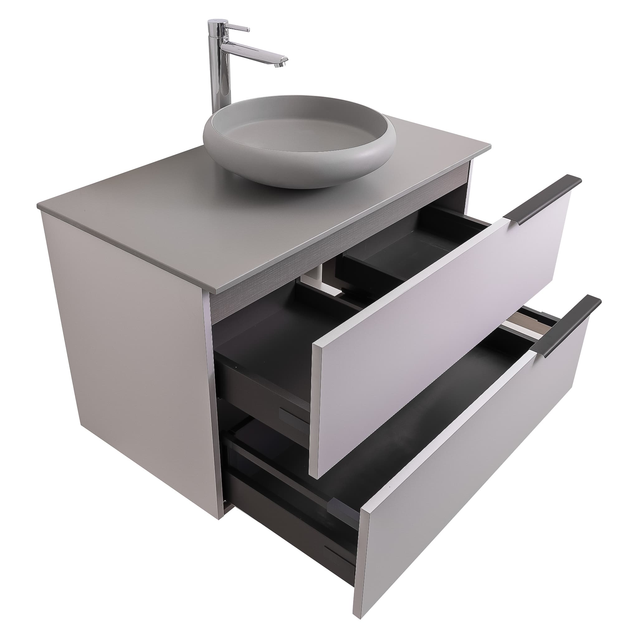 Mallorca 31.5 Matte White Cabinet, Solid Surface Flat Grey Counter And Round Solid Surface Grey Basin 1153, Wall Mounted Modern Vanity Set