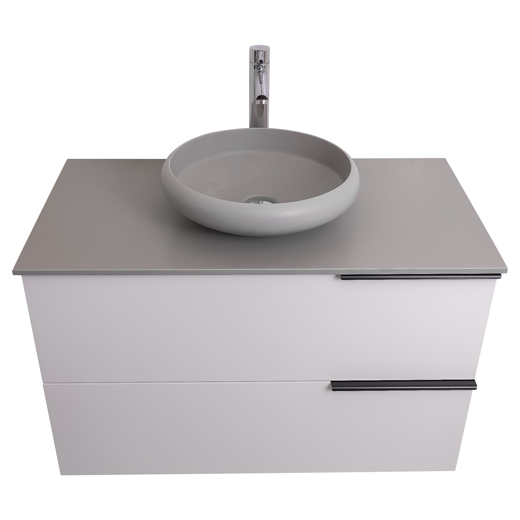 Mallorca 31.5 Matte White Cabinet, Solid Surface Flat Grey Counter And Round Solid Surface Grey Basin 1153, Wall Mounted Modern Vanity Set