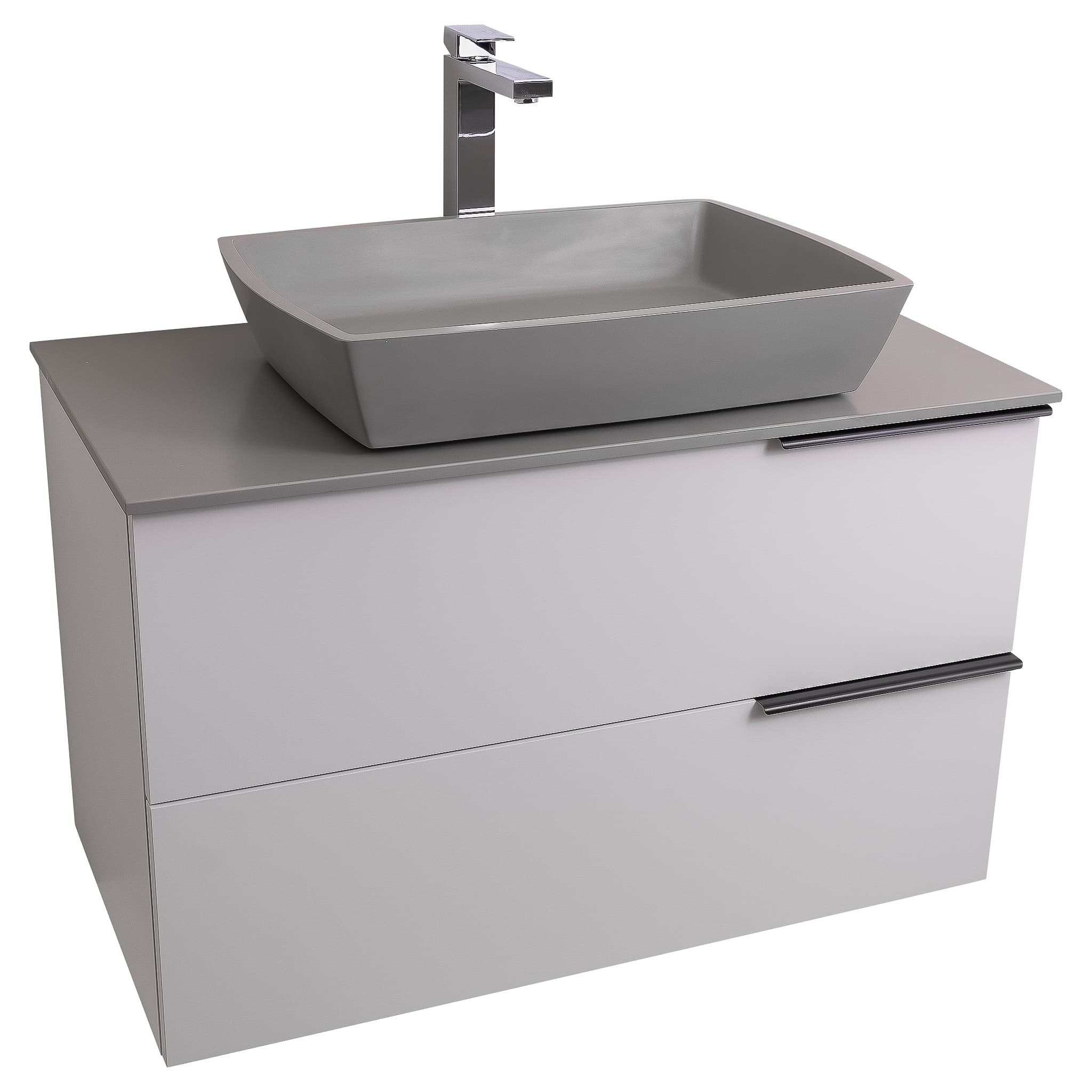 Mallorca 31.5 Matte White Cabinet, Solid Surface Flat Grey Counter And Square Solid Surface Grey Basin 1316, Wall Mounted Modern Vanity Set