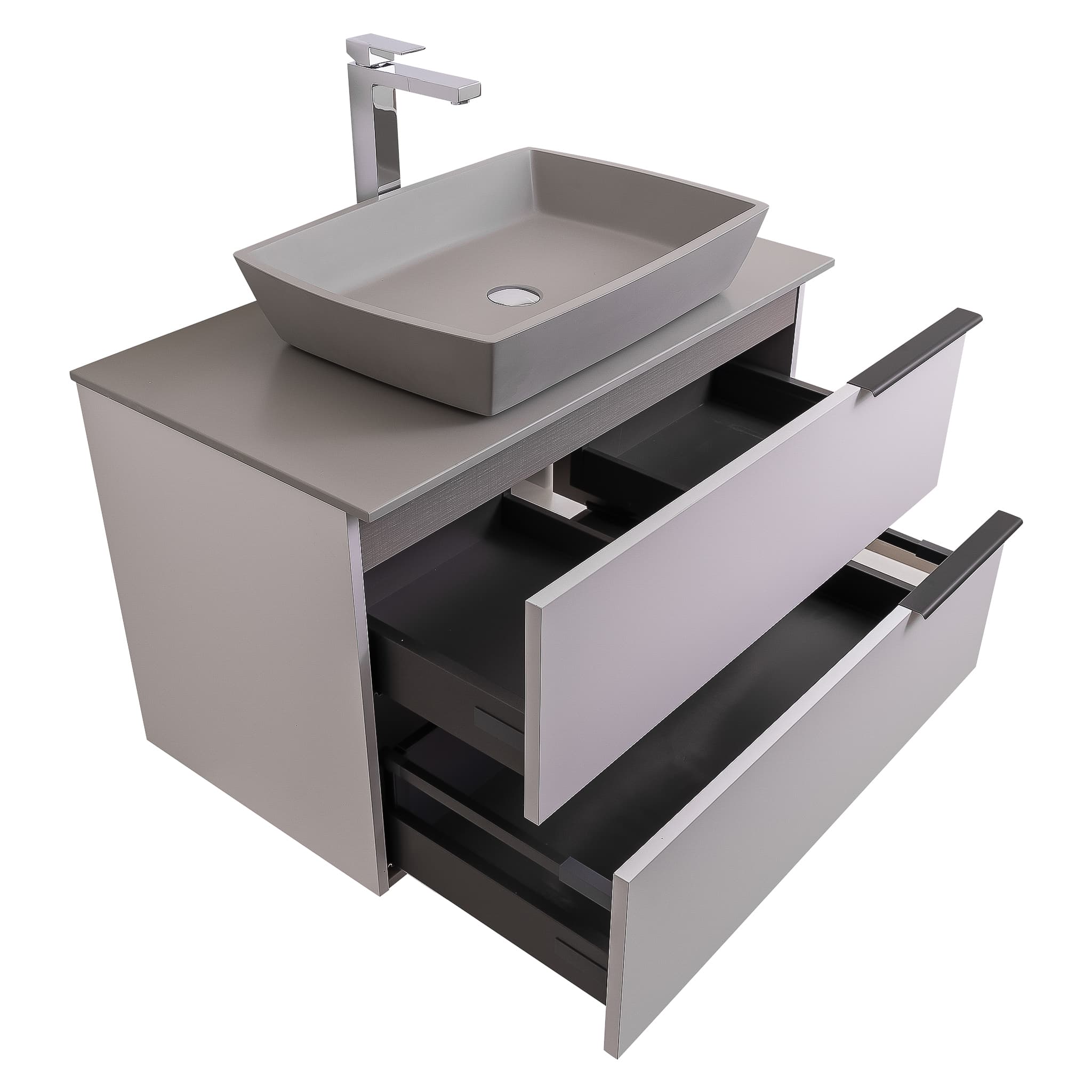 Mallorca 31.5 Matte White Cabinet, Solid Surface Flat Grey Counter And Square Solid Surface Grey Basin 1316, Wall Mounted Modern Vanity Set