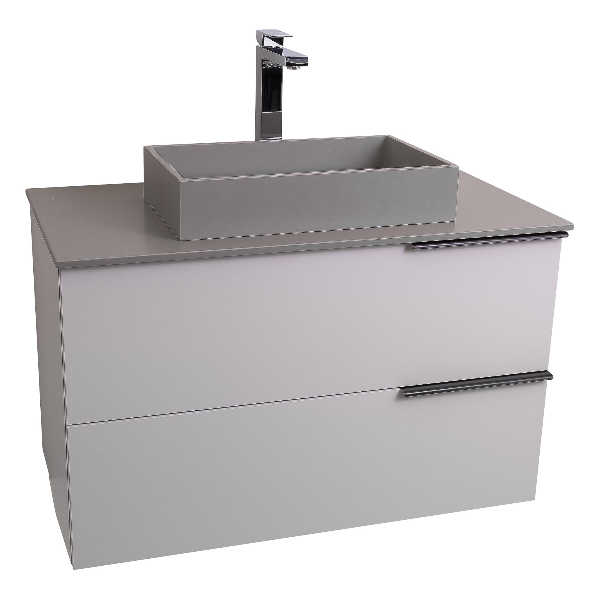 Mallorca 31.5 Matte White Cabinet, Solid Surface Flat Grey Counter And Infinity Square Solid Surface Grey Basin 1329, Wall Mounted Modern Vanity Set