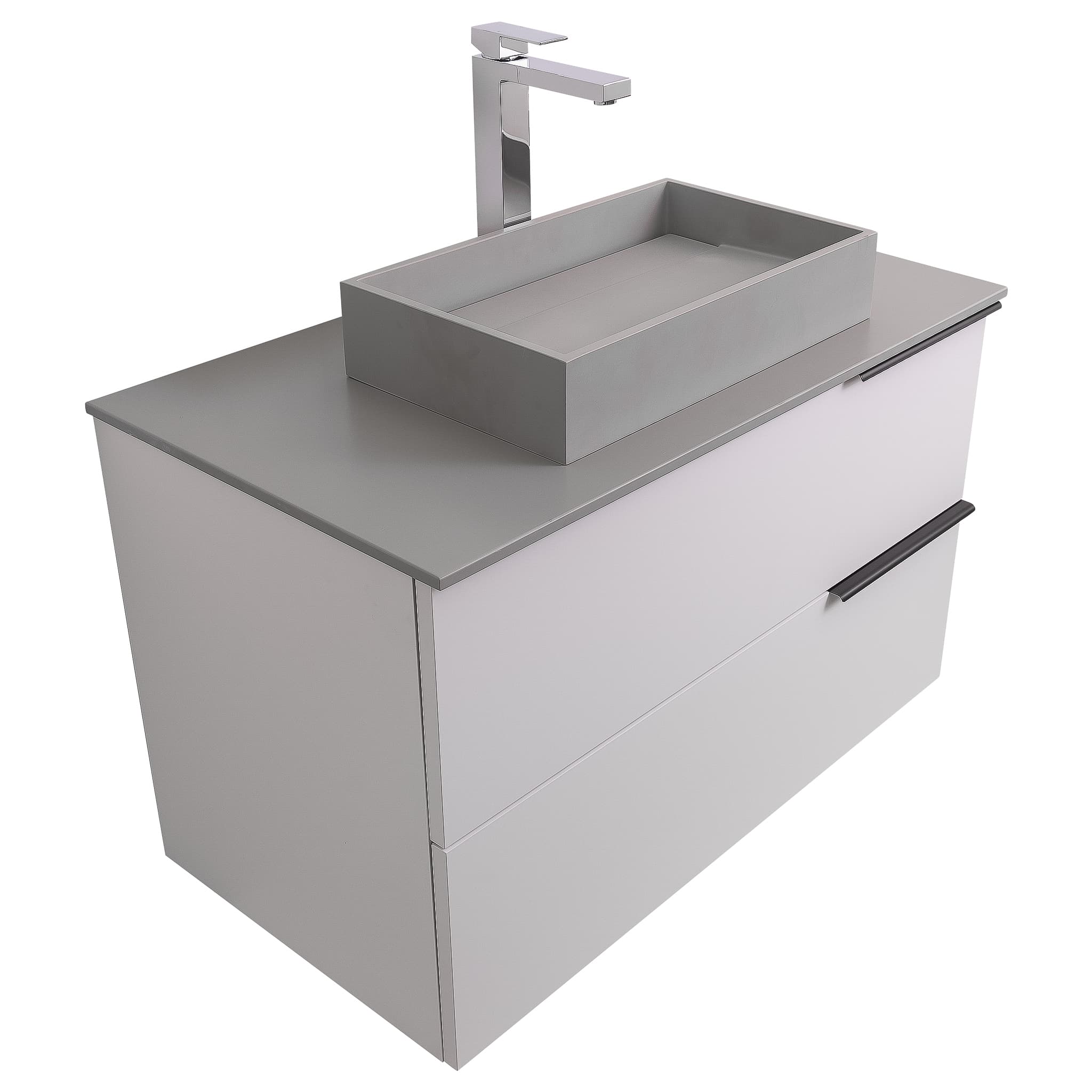 Mallorca 31.5 Matte White Cabinet, Solid Surface Flat Grey Counter And Infinity Square Solid Surface Grey Basin 1329, Wall Mounted Modern Vanity Set