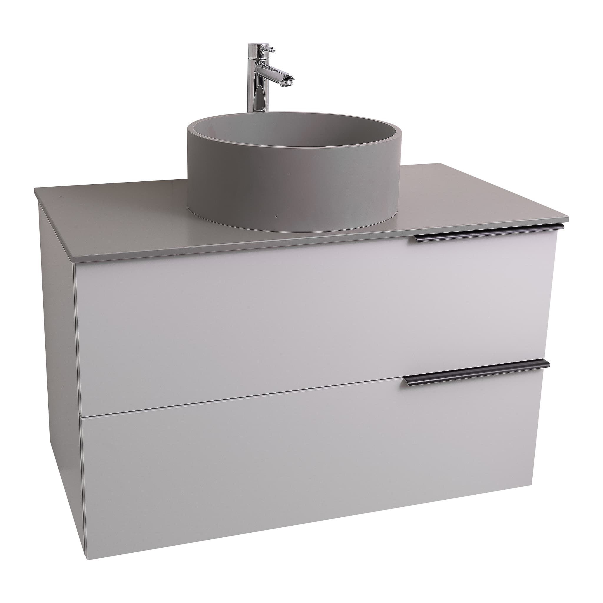 Mallorca 31.5 Matte White Cabinet, Solid Surface Flat Grey Counter And Round Solid Surface Grey Basin 1386, Wall Mounted Modern Vanity Set