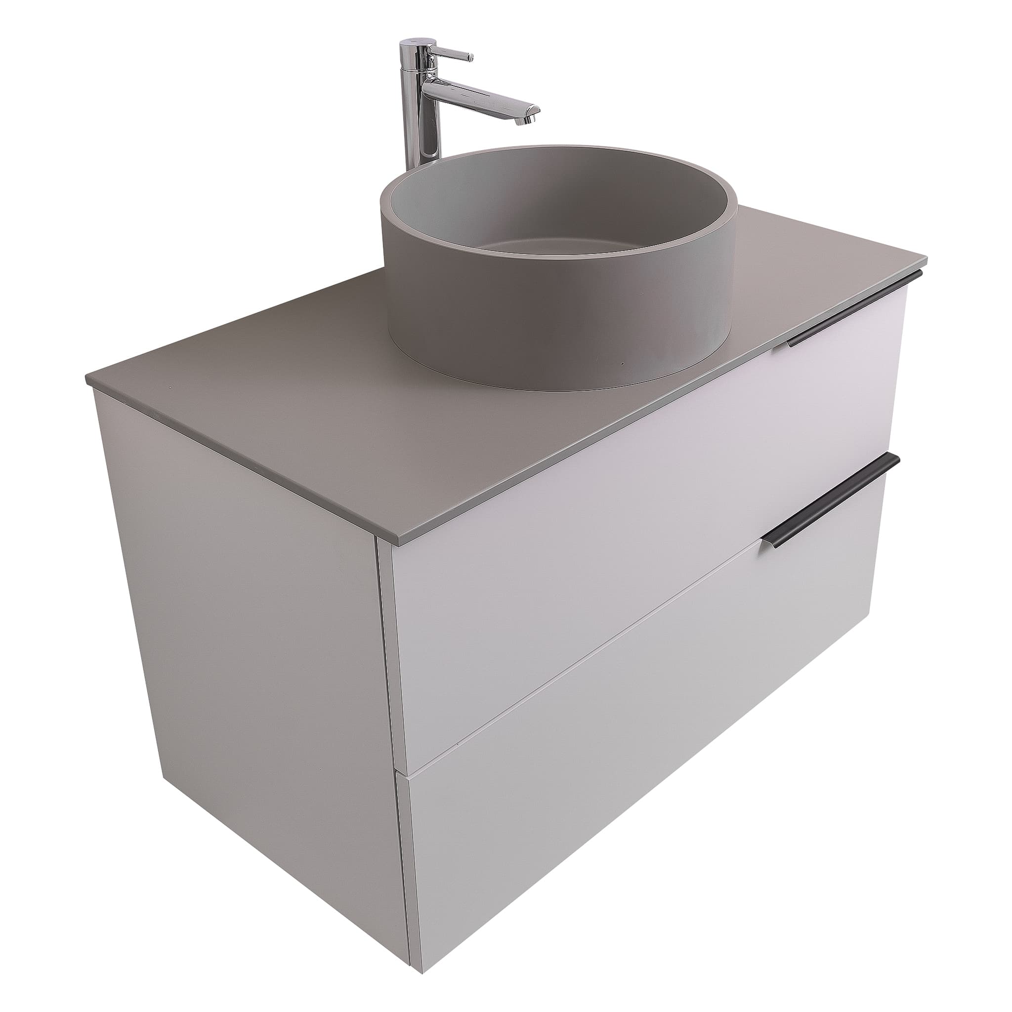 Mallorca 31.5 Matte White Cabinet, Solid Surface Flat Grey Counter And Round Solid Surface Grey Basin 1386, Wall Mounted Modern Vanity Set