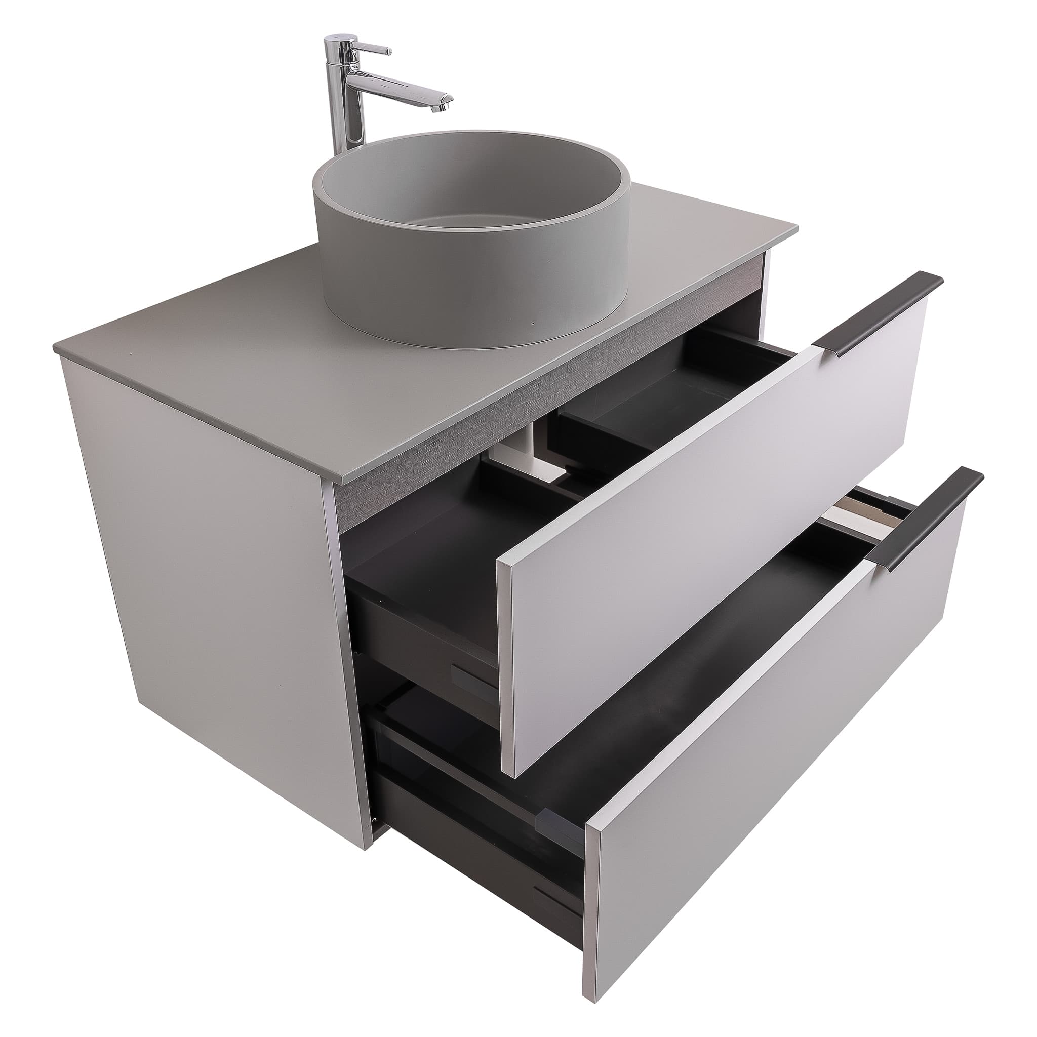 Mallorca 31.5 Matte White Cabinet, Solid Surface Flat Grey Counter And Round Solid Surface Grey Basin 1386, Wall Mounted Modern Vanity Set