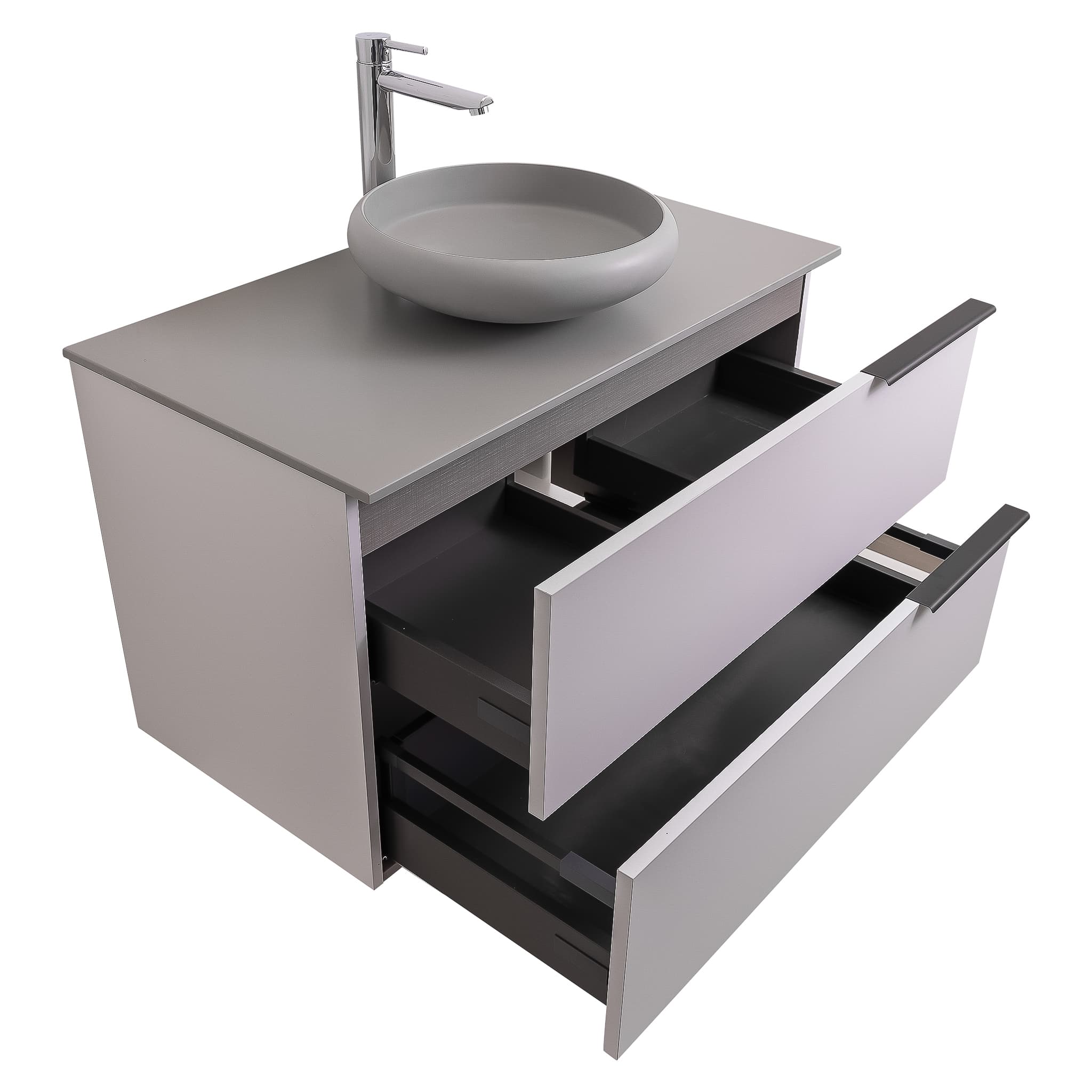 Mallorca 35.5 Matte White Cabinet, Solid Surface Flat Grey Counter And Round Solid Surface Grey Basin 1153, Wall Mounted Modern Vanity Set