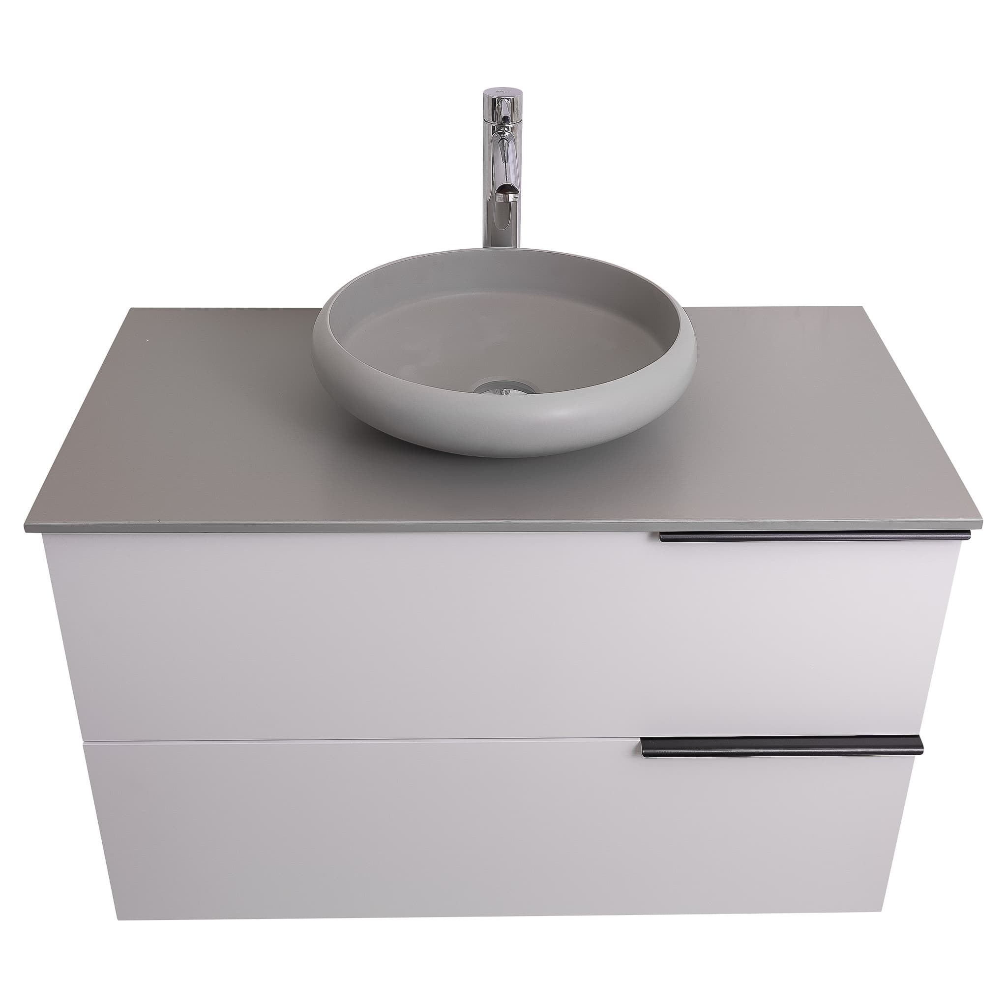 Mallorca 35.5 Matte White Cabinet, Solid Surface Flat Grey Counter And Round Solid Surface Grey Basin 1153, Wall Mounted Modern Vanity Set