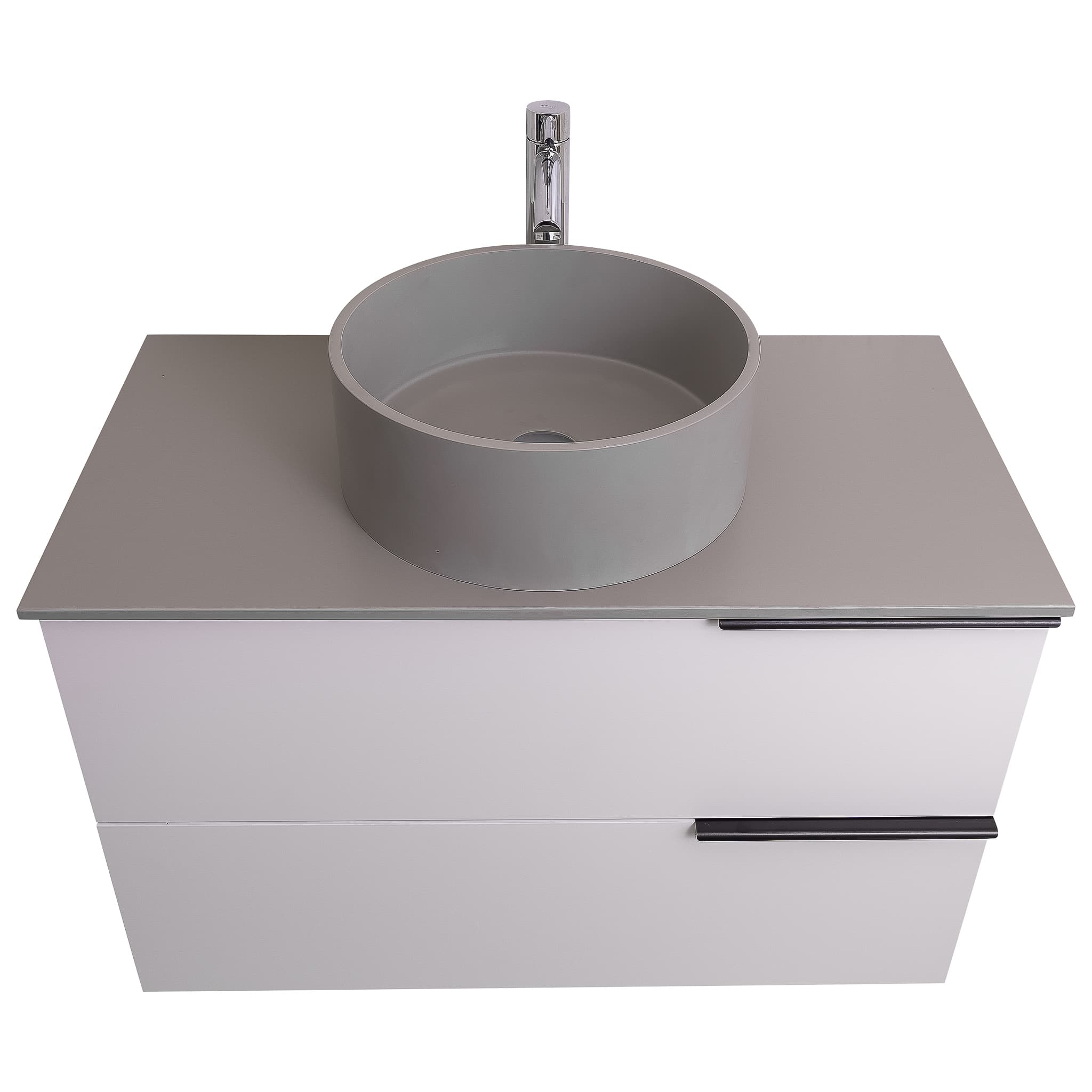 Mallorca 35.5 Matte White Cabinet, Solid Surface Flat Grey Counter And Round Solid Surface Grey Basin 1386, Wall Mounted Modern Vanity Set