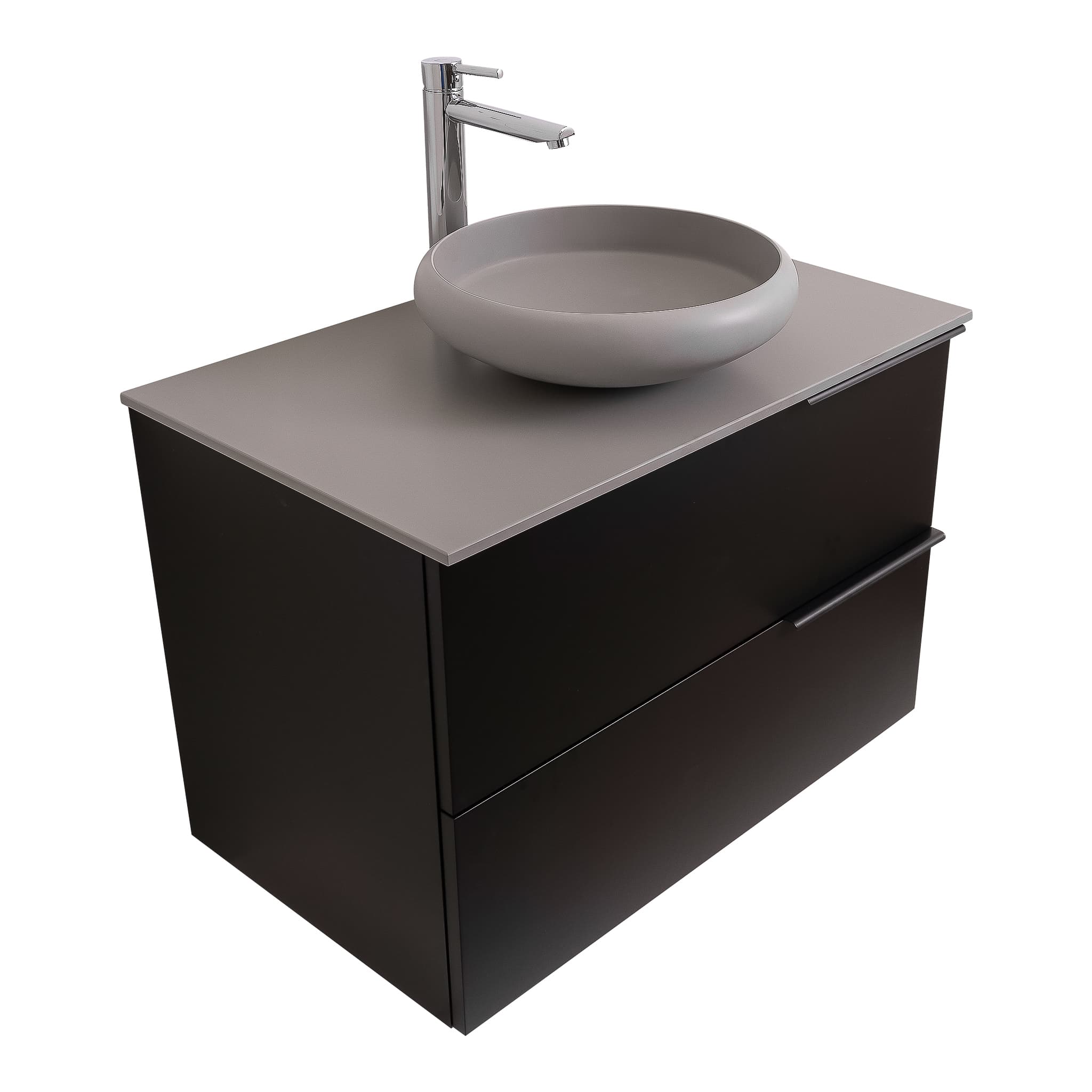 Mallorca 39.5 Matte Black Cabinet, Solid Surface Flat Grey Counter And Round Solid Surface Grey Basin 1153, Wall Mounted Modern Vanity Set Bath Trends USA