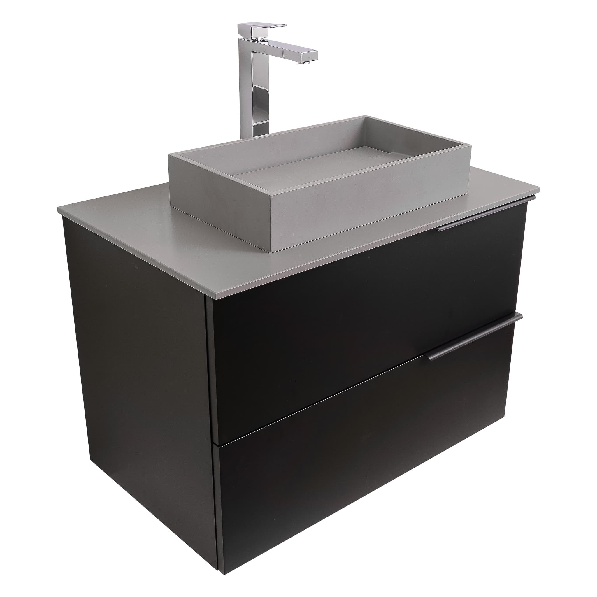 Mallorca 39.5 Matte Black Cabinet, Solid Surface Flat Grey Counter And Infinity Square Solid Surface Grey Basin 1329, Wall Mounted Modern Vanity Set Bath Trends USA