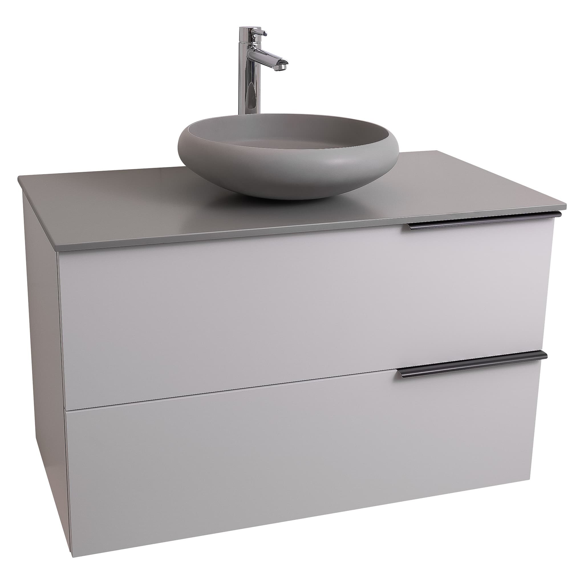Mallorca 39.5 Matte White Cabinet, Solid Surface Flat Grey Counter And Round Solid Surface Grey Basin 1153, Wall Mounted Modern Vanity Set