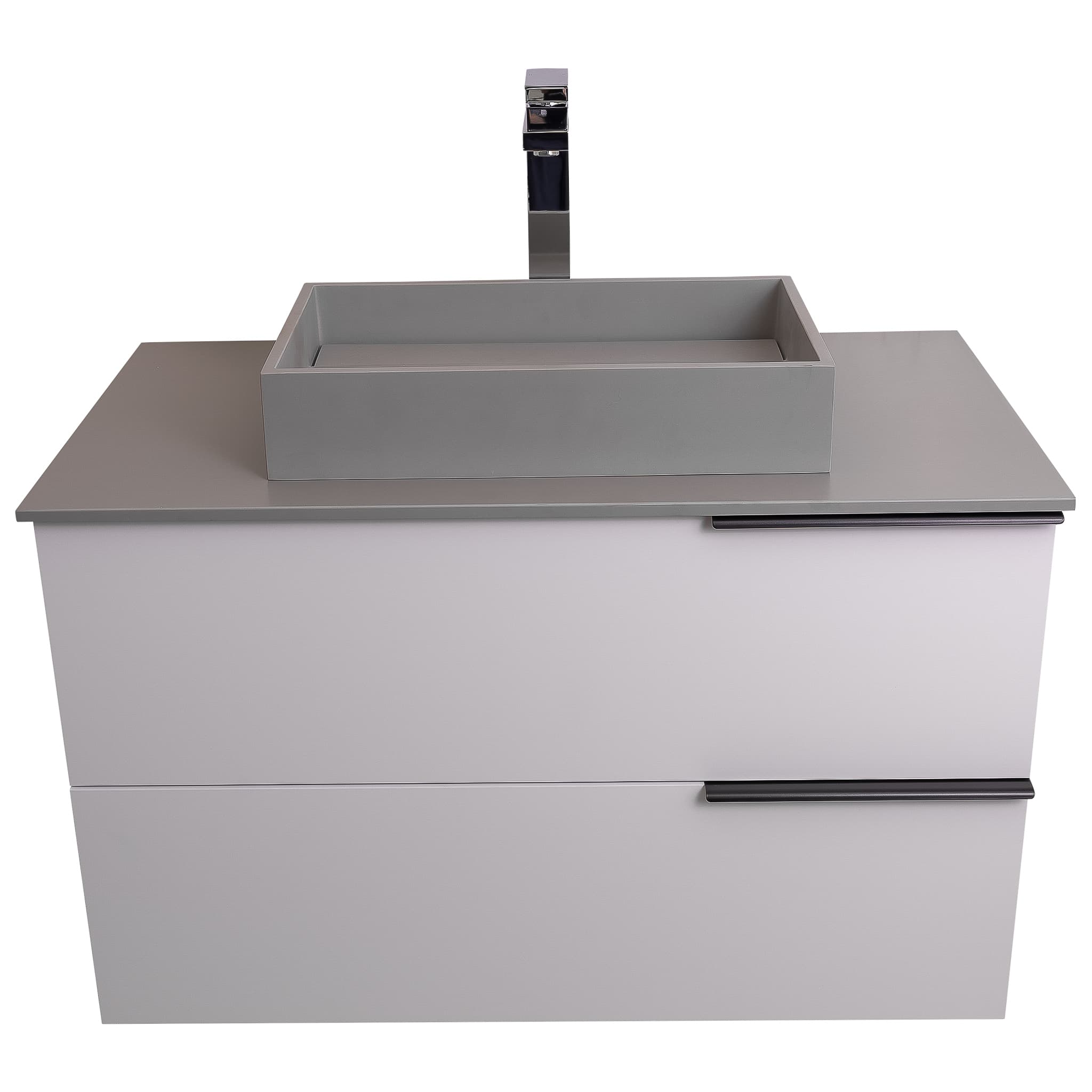 Mallorca 39.5 Matte White Cabinet, Solid Surface Flat Grey Counter And Infinity Square Solid Surface Grey Basin 1329, Wall Mounted Modern Vanity Set
