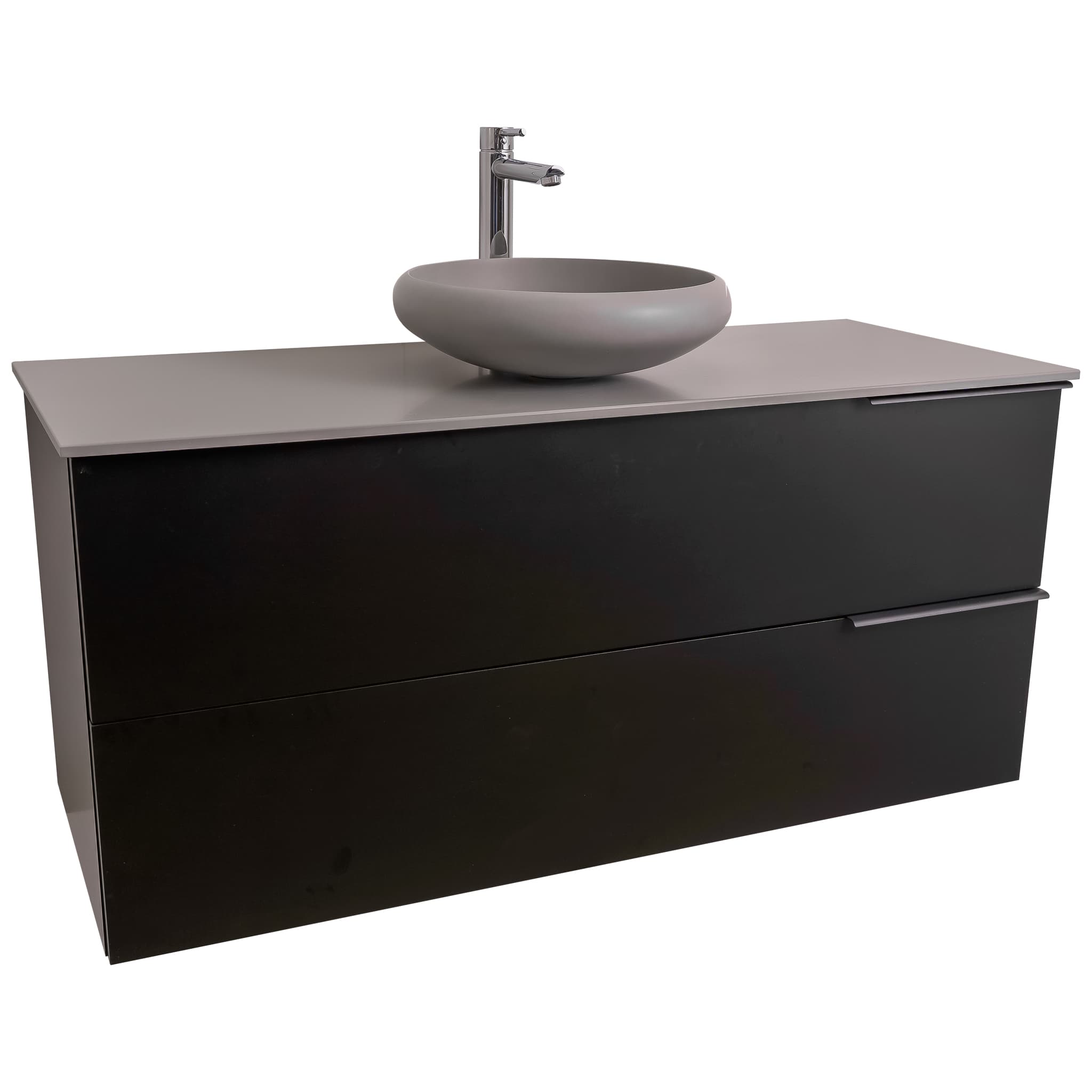 Mallorca 47.5 Matte Black Cabinet, Solid Surface Flat Grey Counter And Round Solid Surface Grey Basin 1153, Wall Mounted Modern Vanity Set