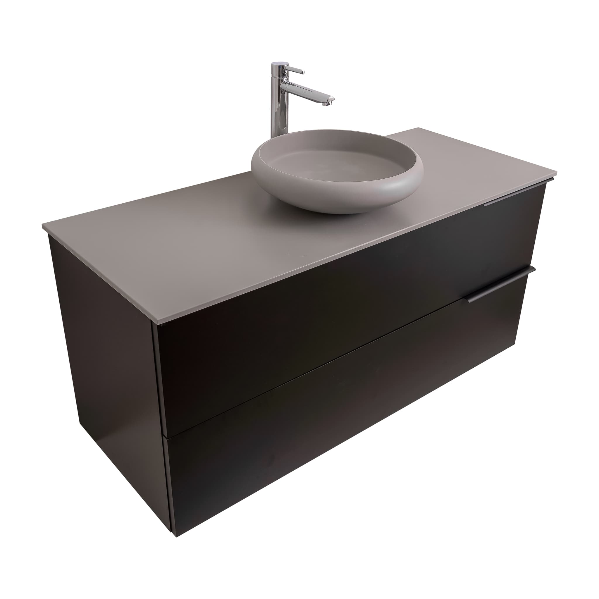 Mallorca 47.5 Matte Black Cabinet, Solid Surface Flat Grey Counter And Round Solid Surface Grey Basin 1153, Wall Mounted Modern Vanity Set