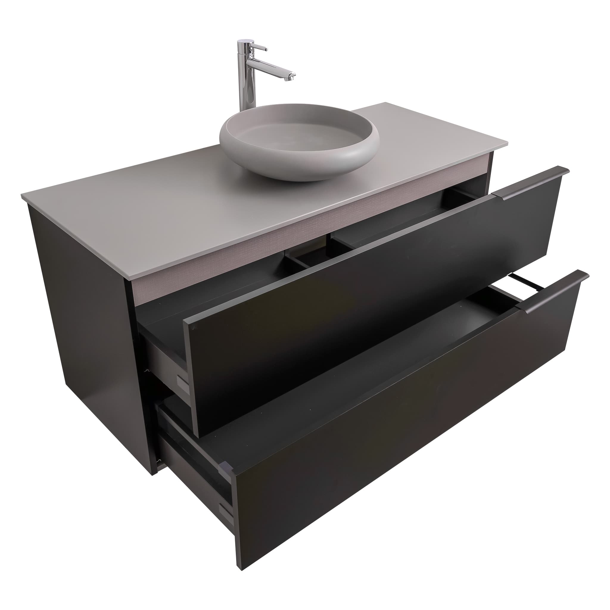 Mallorca 47.5 Matte Black Cabinet, Solid Surface Flat Grey Counter And Round Solid Surface Grey Basin 1153, Wall Mounted Modern Vanity Set