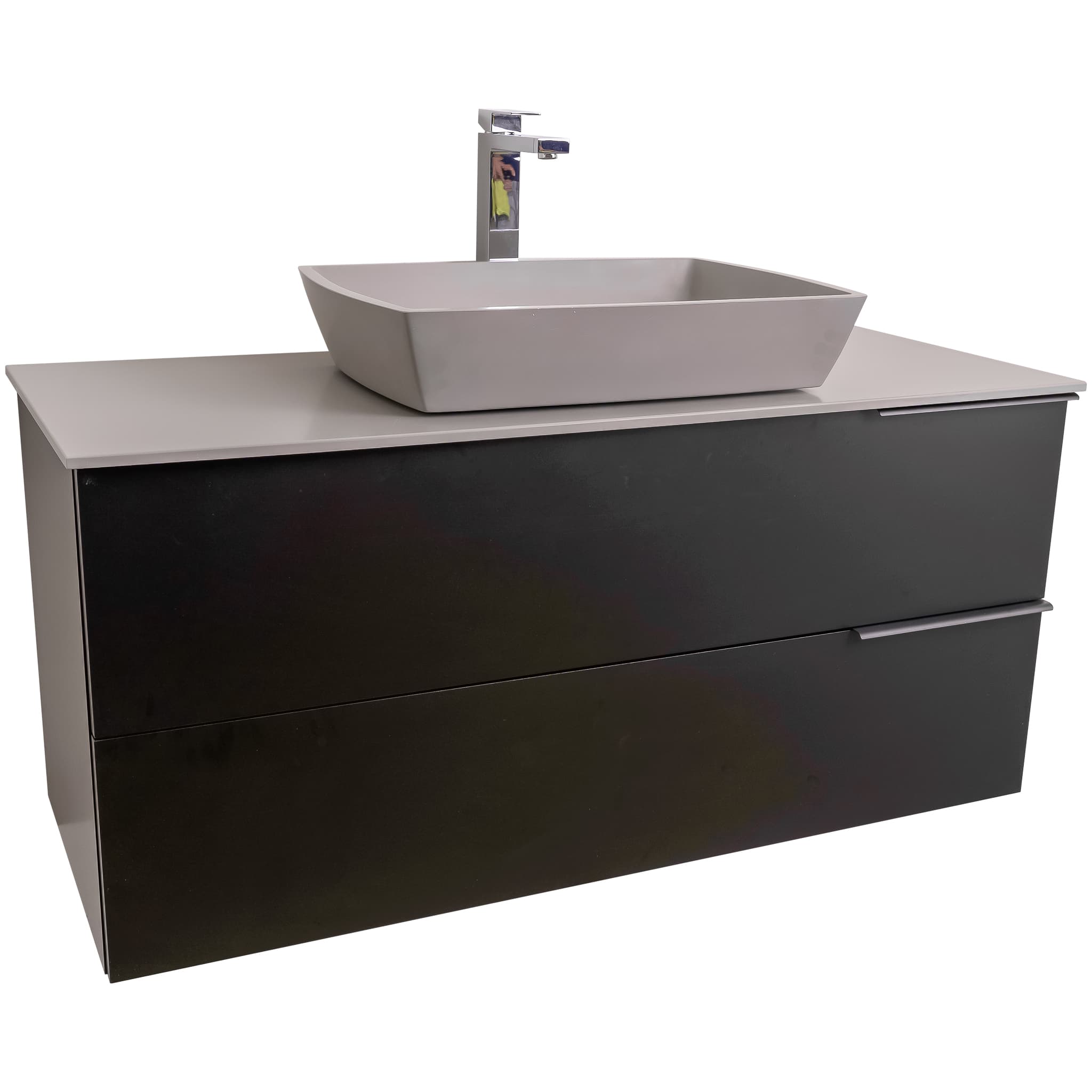 Mallorca 47.5 Matte Black Cabinet, Solid Surface Flat Grey Counter And Square Solid Surface Grey Basin 1316, Wall Mounted Modern Vanity Set