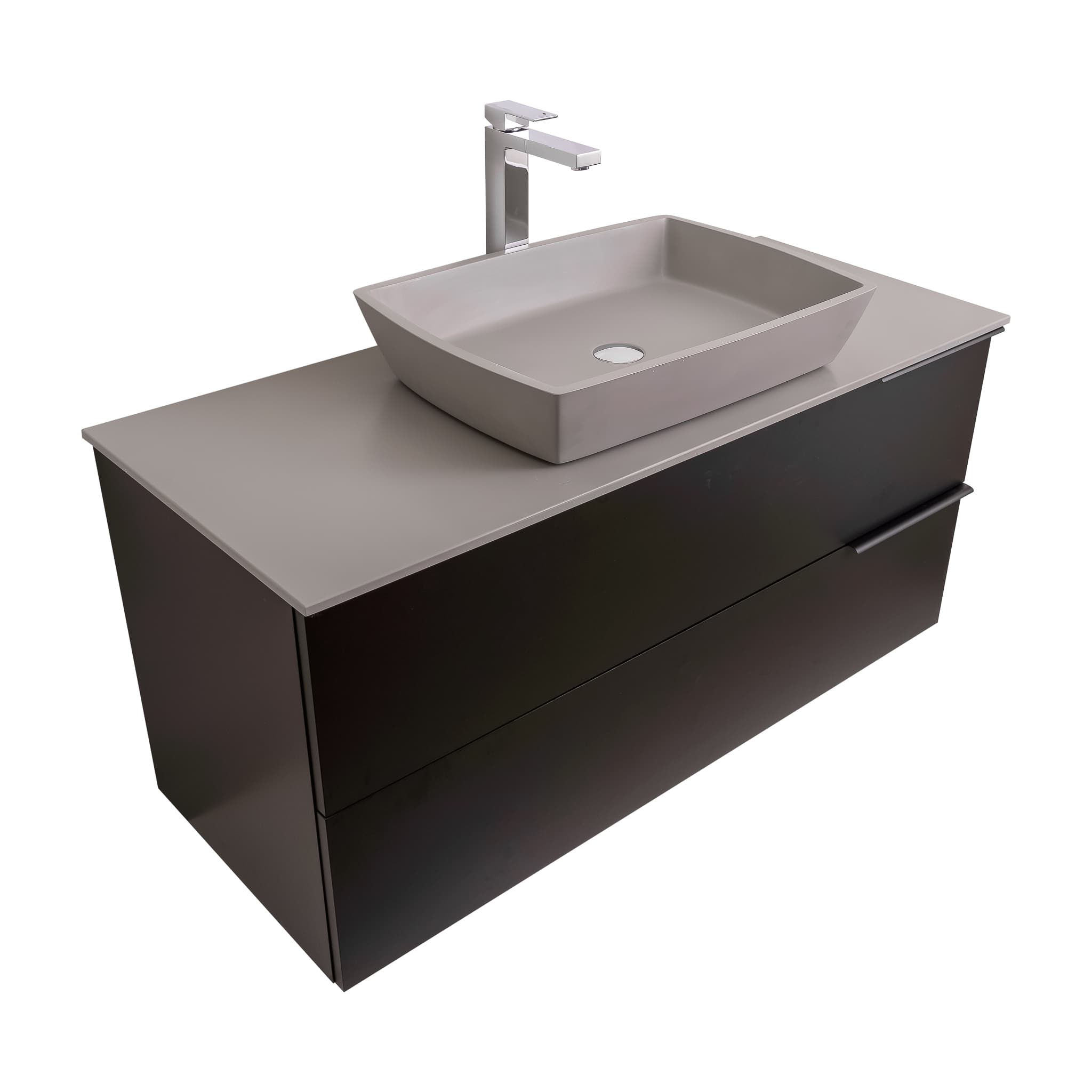 Mallorca 47.5 Matte Black Cabinet, Solid Surface Flat Grey Counter And Square Solid Surface Grey Basin 1316, Wall Mounted Modern Vanity Set Bath Trends USA