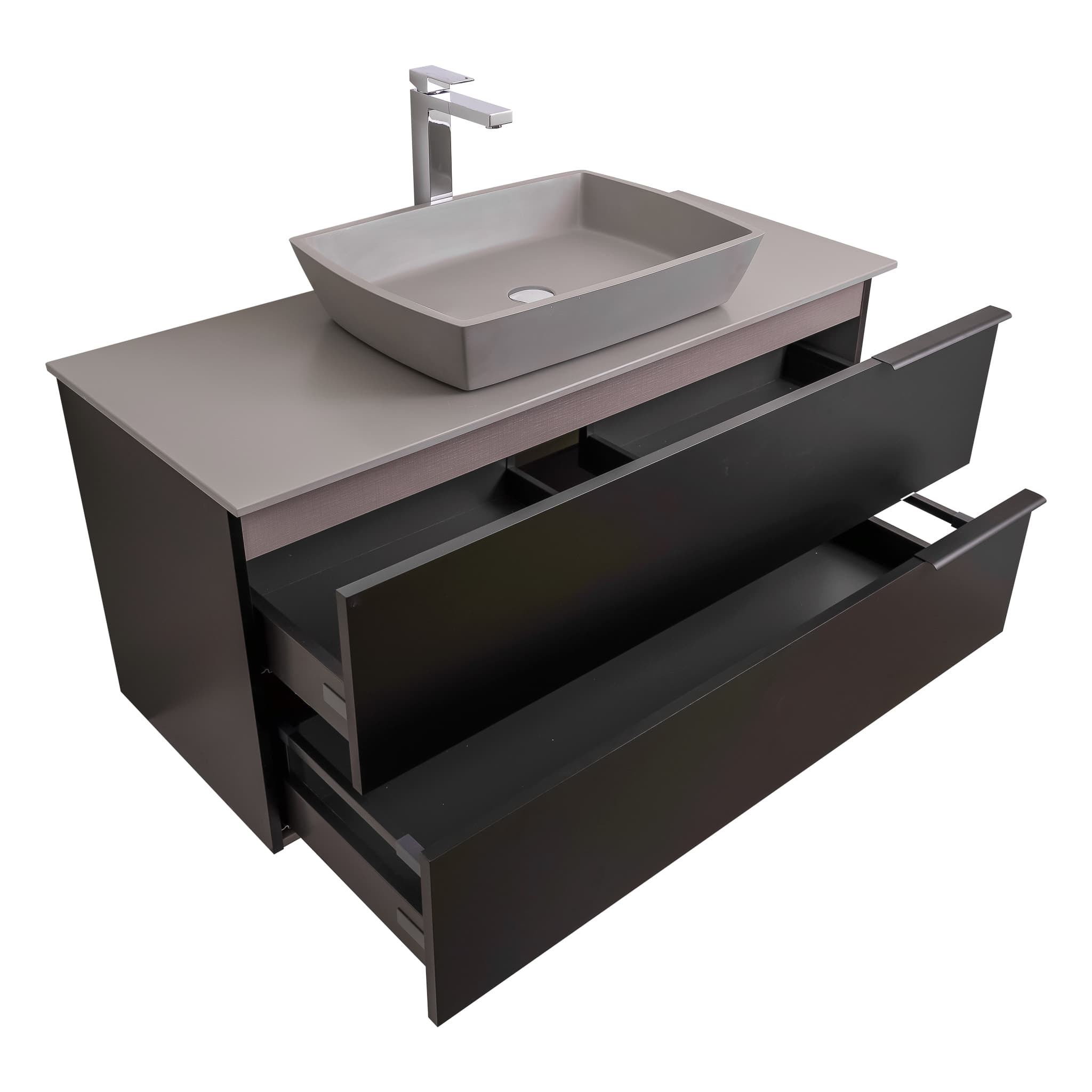 Mallorca 47.5 Matte Black Cabinet, Solid Surface Flat Grey Counter And Square Solid Surface Grey Basin 1316, Wall Mounted Modern Vanity Set