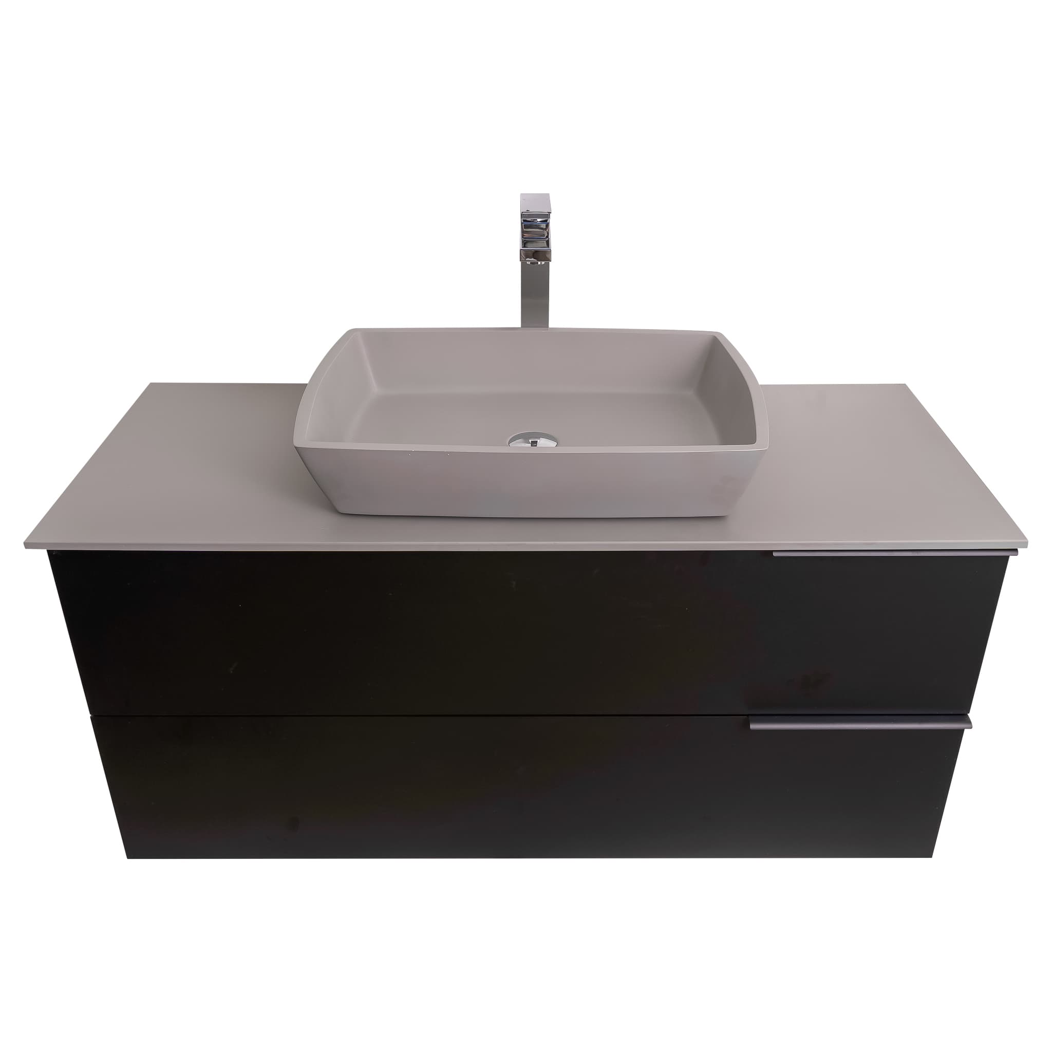 Mallorca 47.5 Matte Black Cabinet, Solid Surface Flat Grey Counter And Square Solid Surface Grey Basin 1316, Wall Mounted Modern Vanity Set