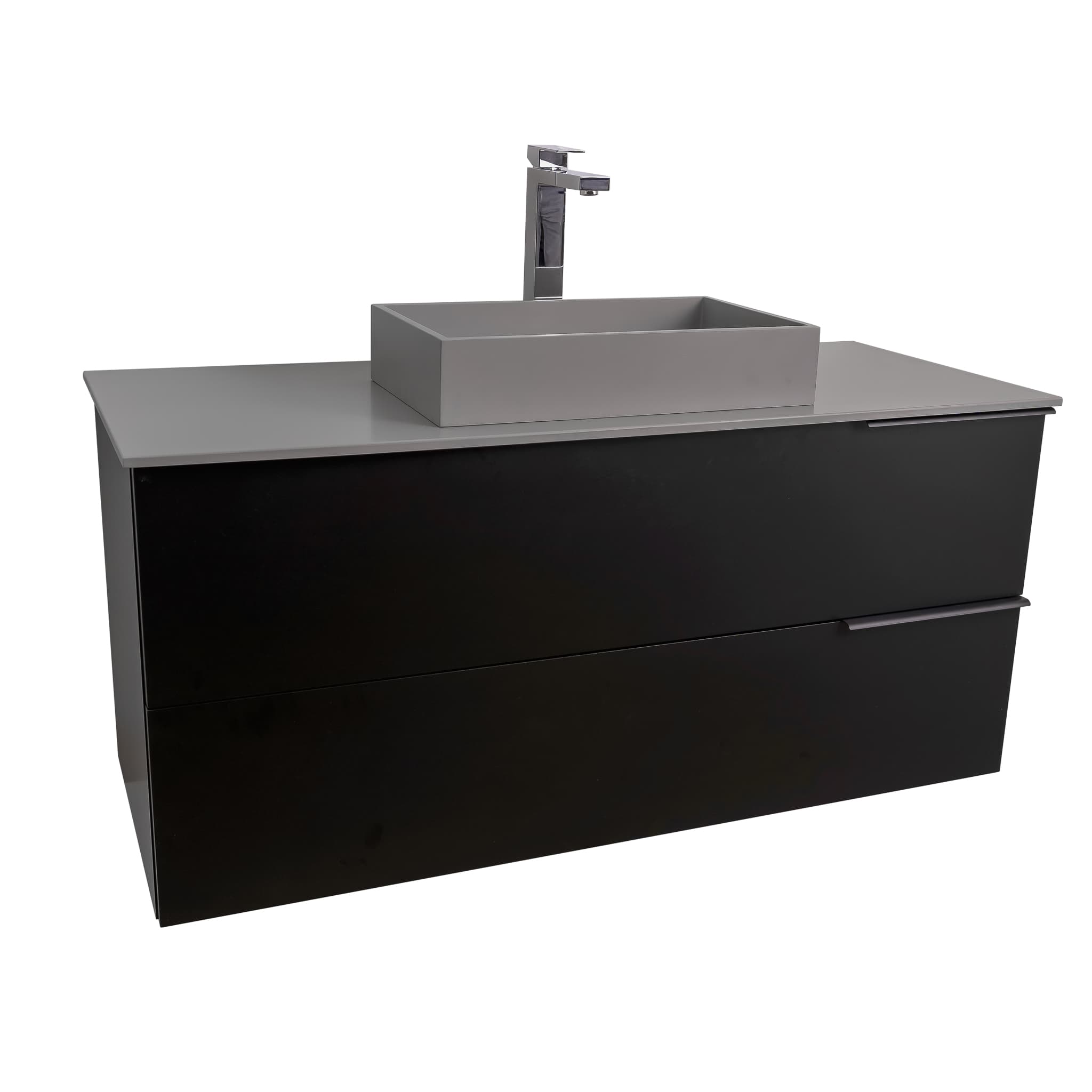 Mallorca 47.5 Matte Black Cabinet, Solid Surface Flat Grey Counter And Infinity Square Solid Surface Grey Basin 1329, Wall Mounted Modern Vanity Set Bath Trends USA