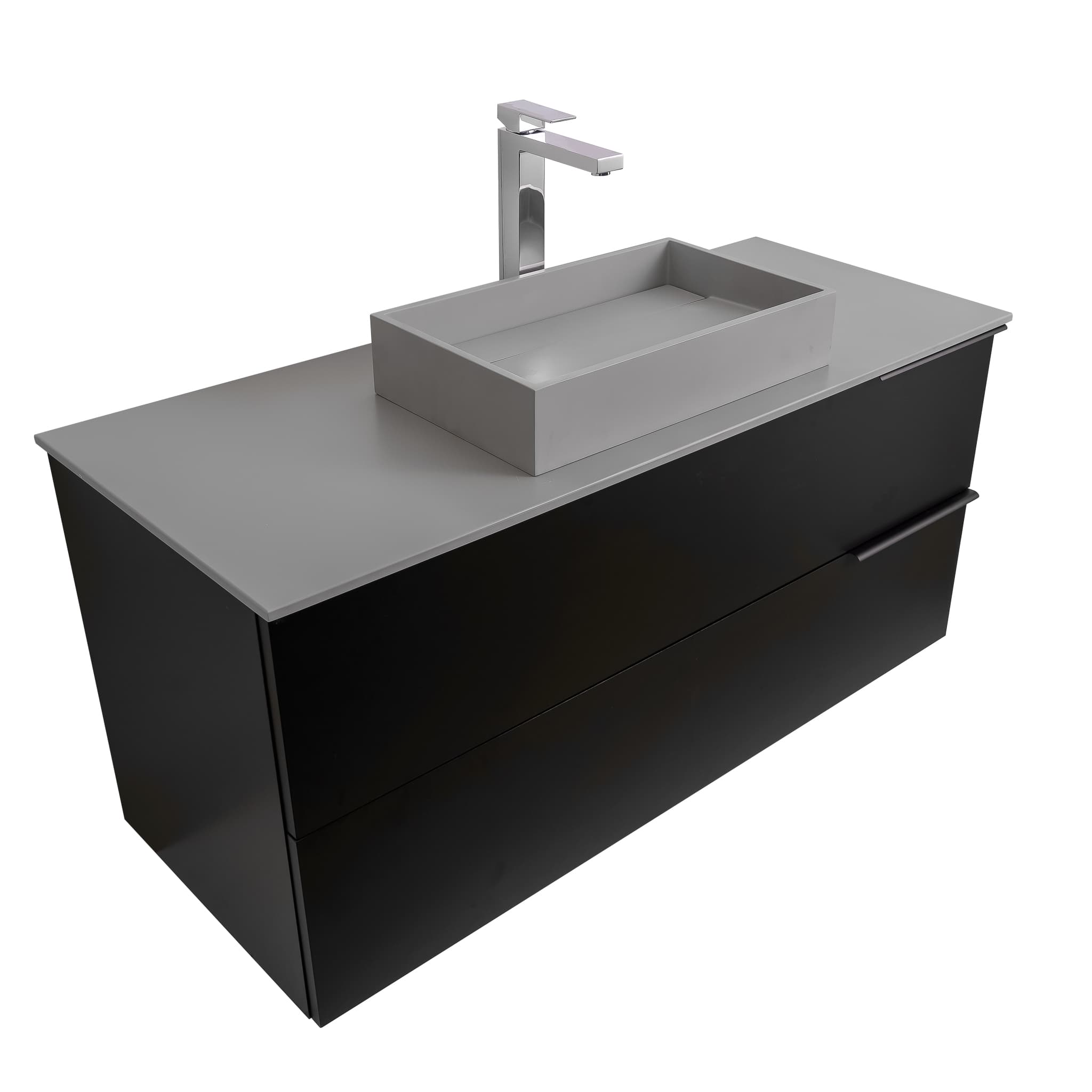 Mallorca 47.5 Matte Black Cabinet, Solid Surface Flat Grey Counter And Infinity Square Solid Surface Grey Basin 1329, Wall Mounted Modern Vanity Set