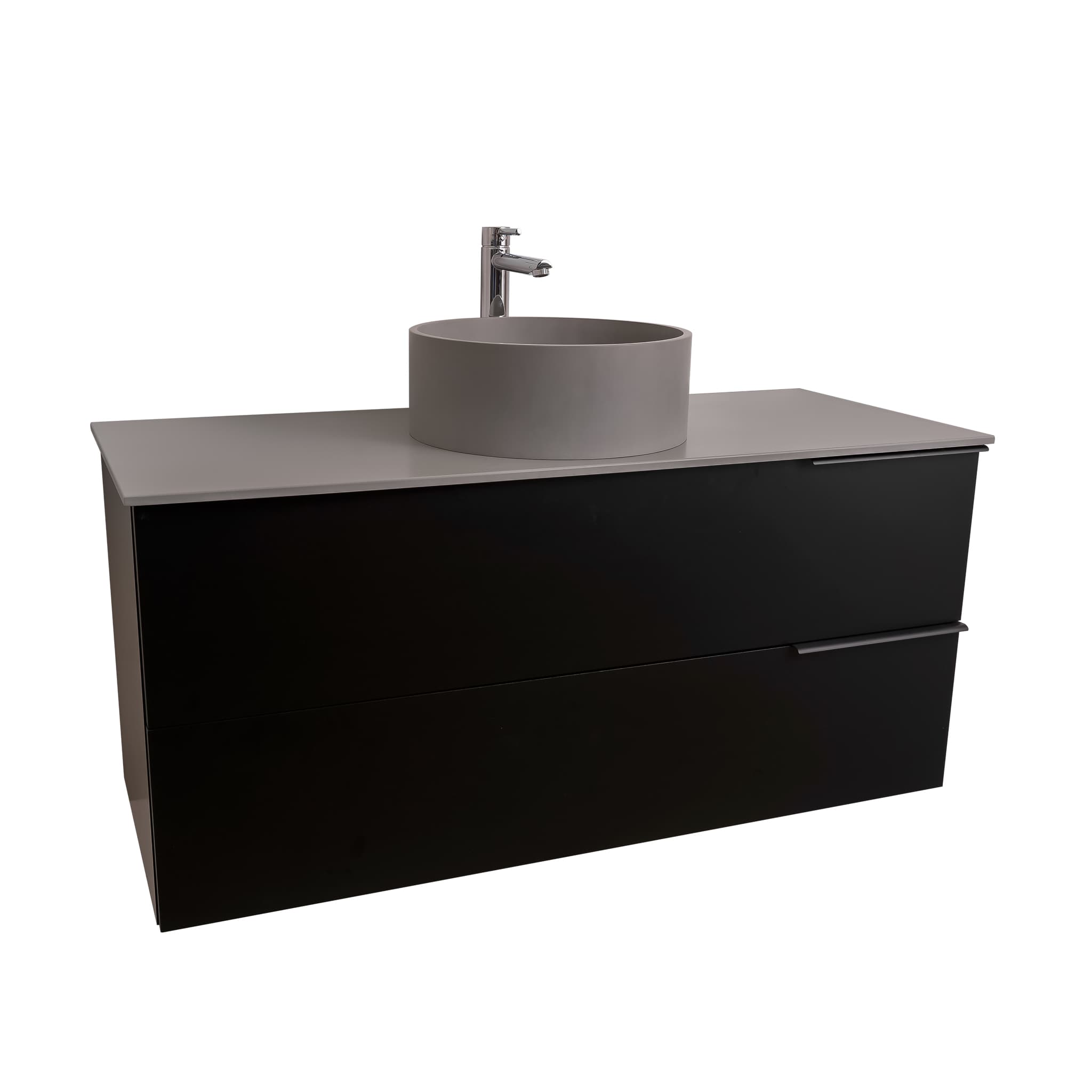 Mallorca 47.5 Matte Black Cabinet, Solid Surface Flat Grey Counter And Round Solid Surface Grey Basin 1386, Wall Mounted Modern Vanity Set