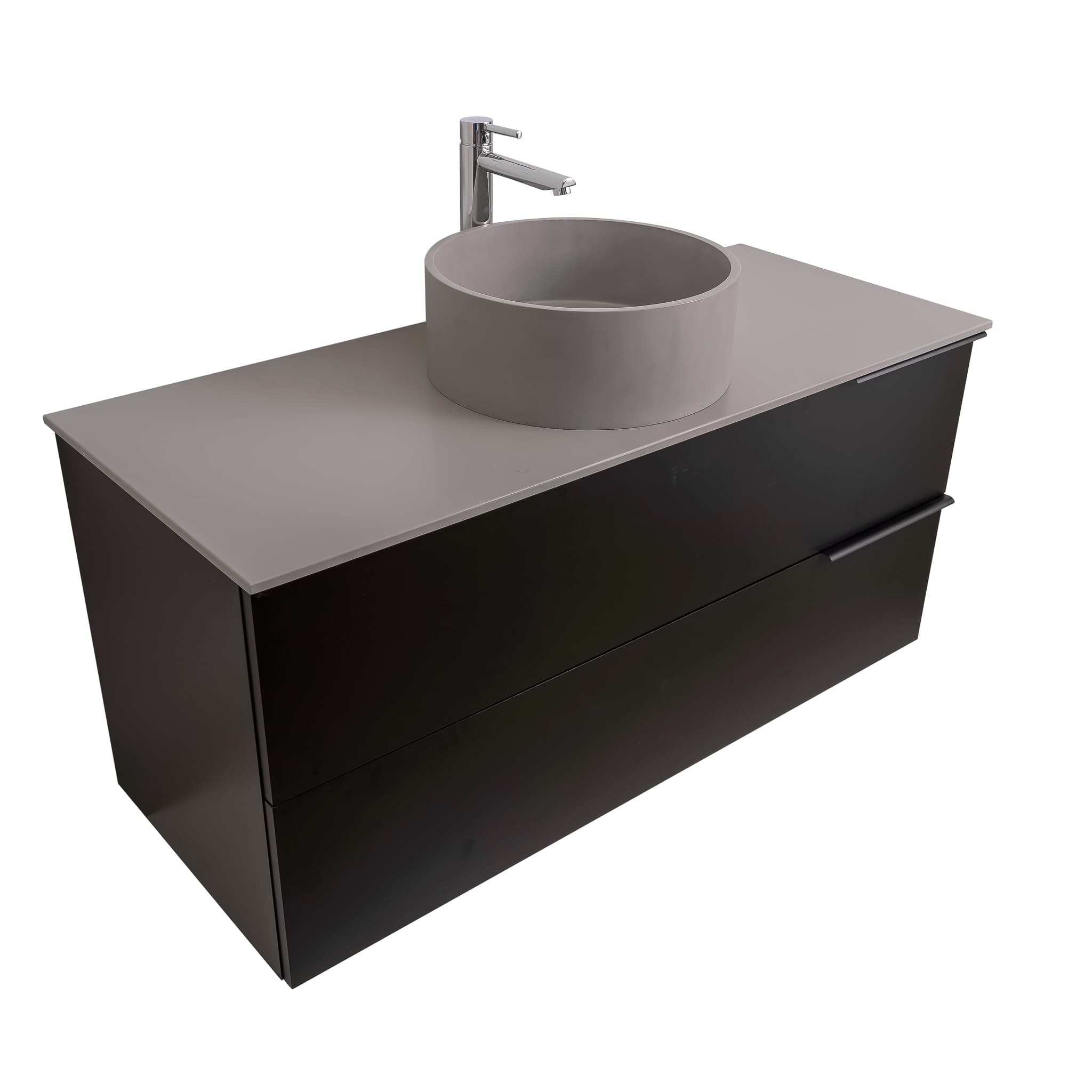 Mallorca 47.5 Matte Black Cabinet, Solid Surface Flat Grey Counter And Round Solid Surface Grey Basin 1386, Wall Mounted Modern Vanity Set