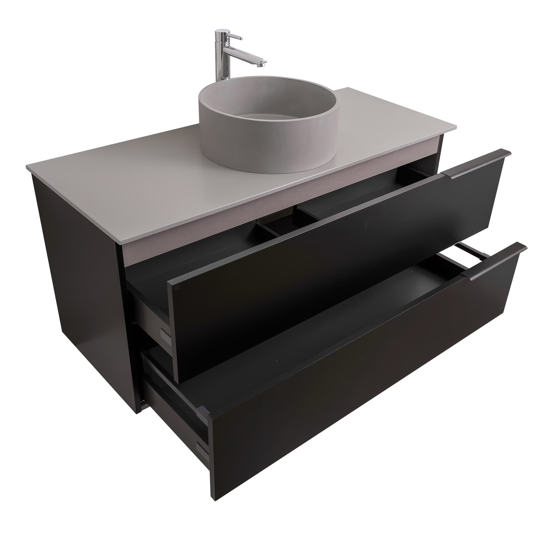 Mallorca 47.5 Matte Black Cabinet, Solid Surface Flat Grey Counter And Round Solid Surface Grey Basin 1386, Wall Mounted Modern Vanity Set